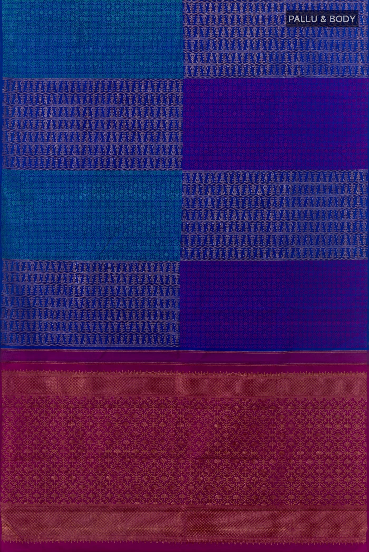 Flat view of Blue Kanjivaram Silk Saree with Zari Brocade on the body and Zari Border. 
