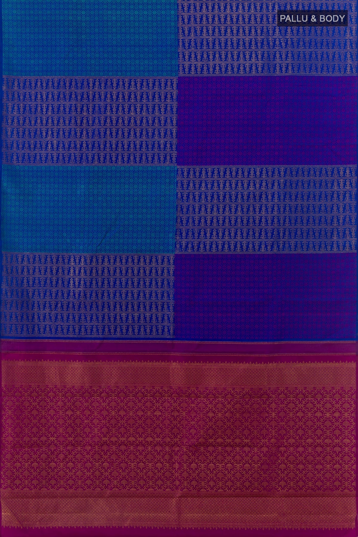 Flat view of Blue Kanjivaram Silk Saree with Zari Brocade on the body and Zari Border. 