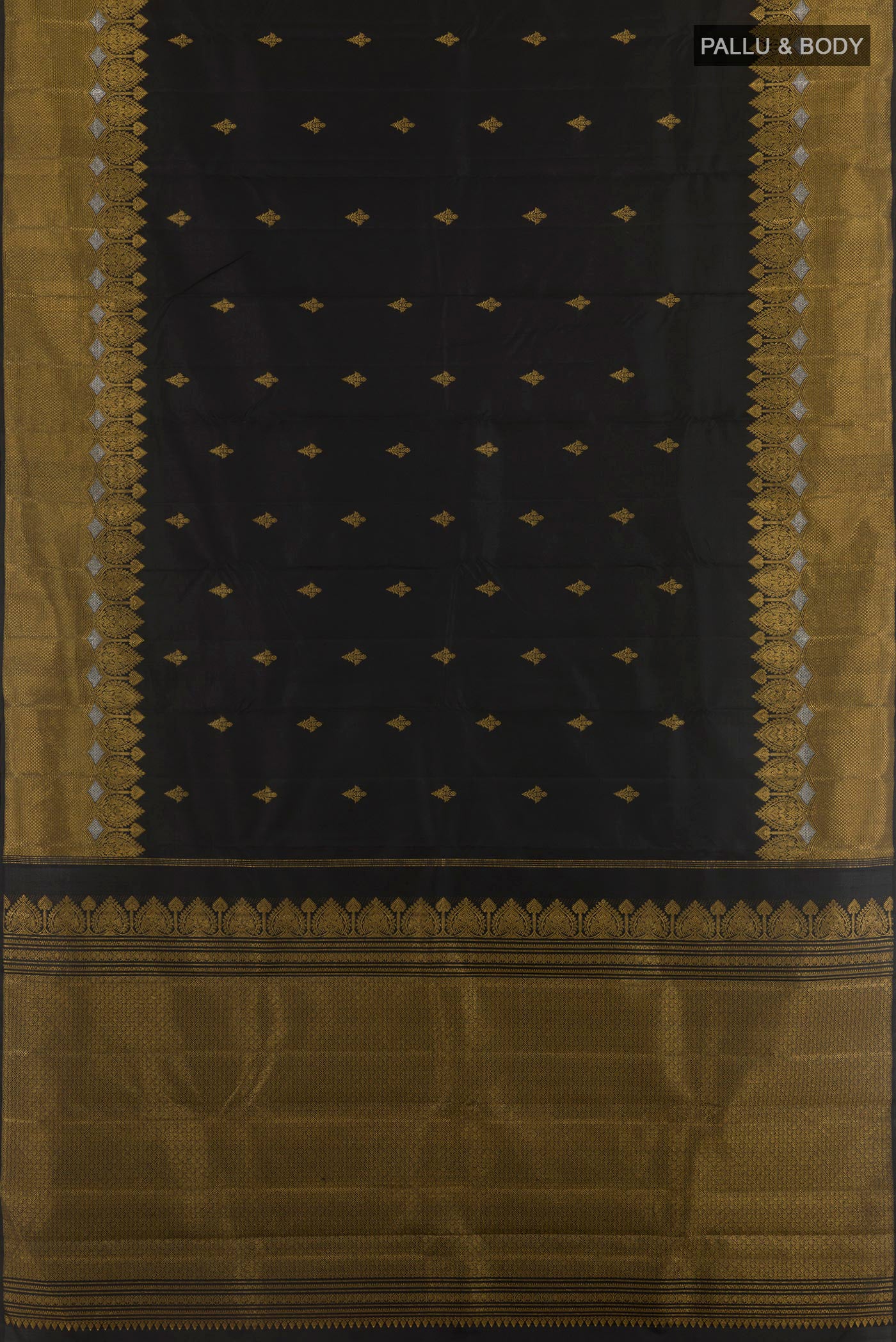 Flat view of Black Kanjivaram Silk Saree with Zari Butta on the body and Zari Border. 