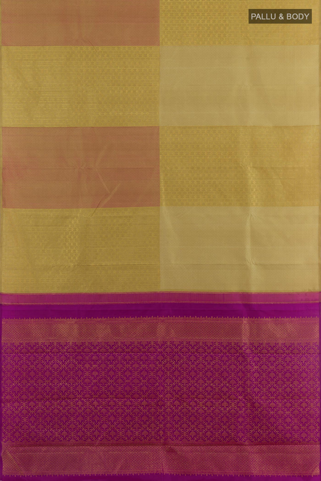 Flat view of Beige Kanjivaram Silk Saree with Zari Brocade on the body and Zari Border. 