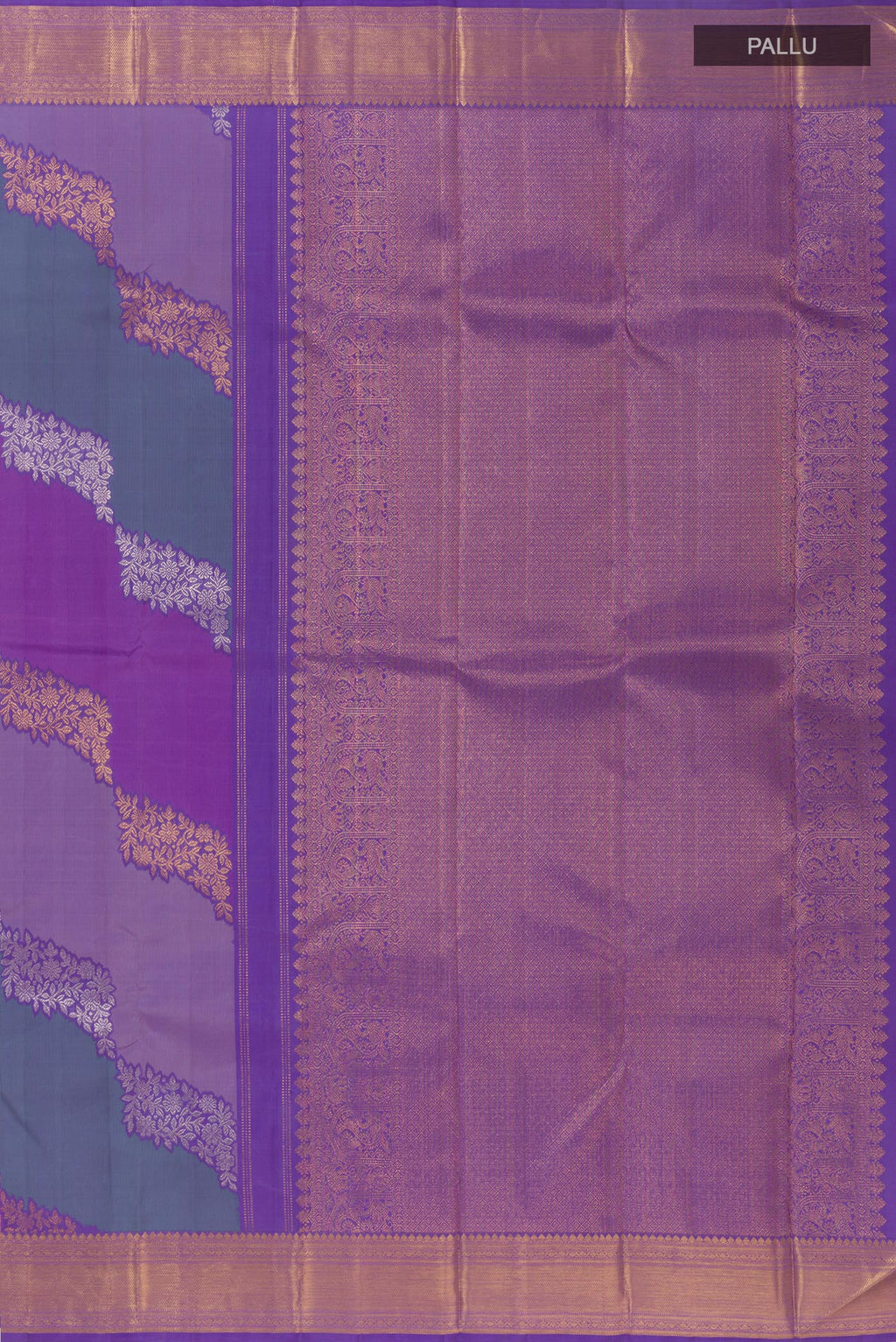 Close up image of the pallu of Lavender Kanchipuram Silk Saree with Zari Brocade on the body and Zari Border. 