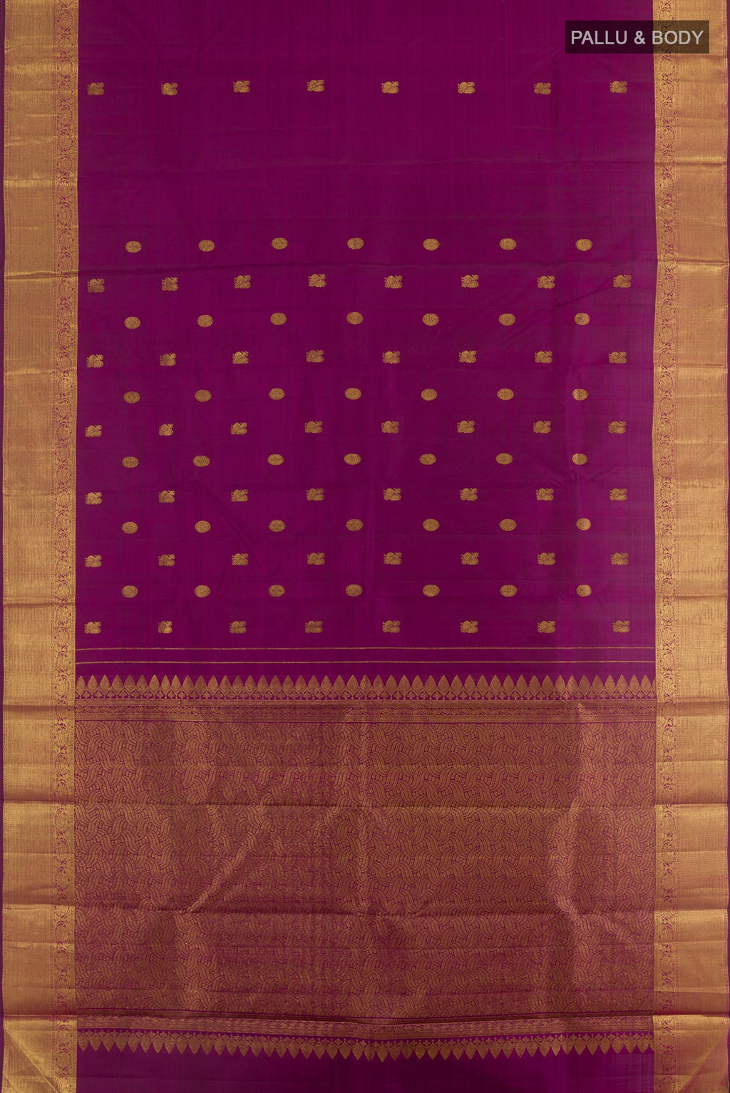 Flat view of Purple Kanjivaram Silk Saree with Zari Butta on the body and Zari Border. 
