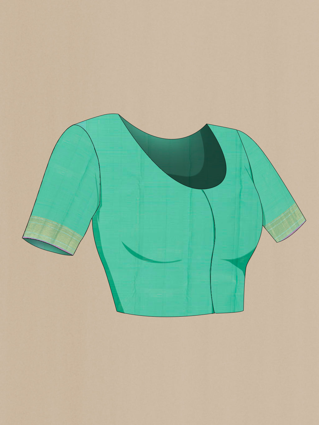 Close up image of the blouse of Sea Green Kanjivaram Silk Saree with Zari Butta on the body and Zari Border. 