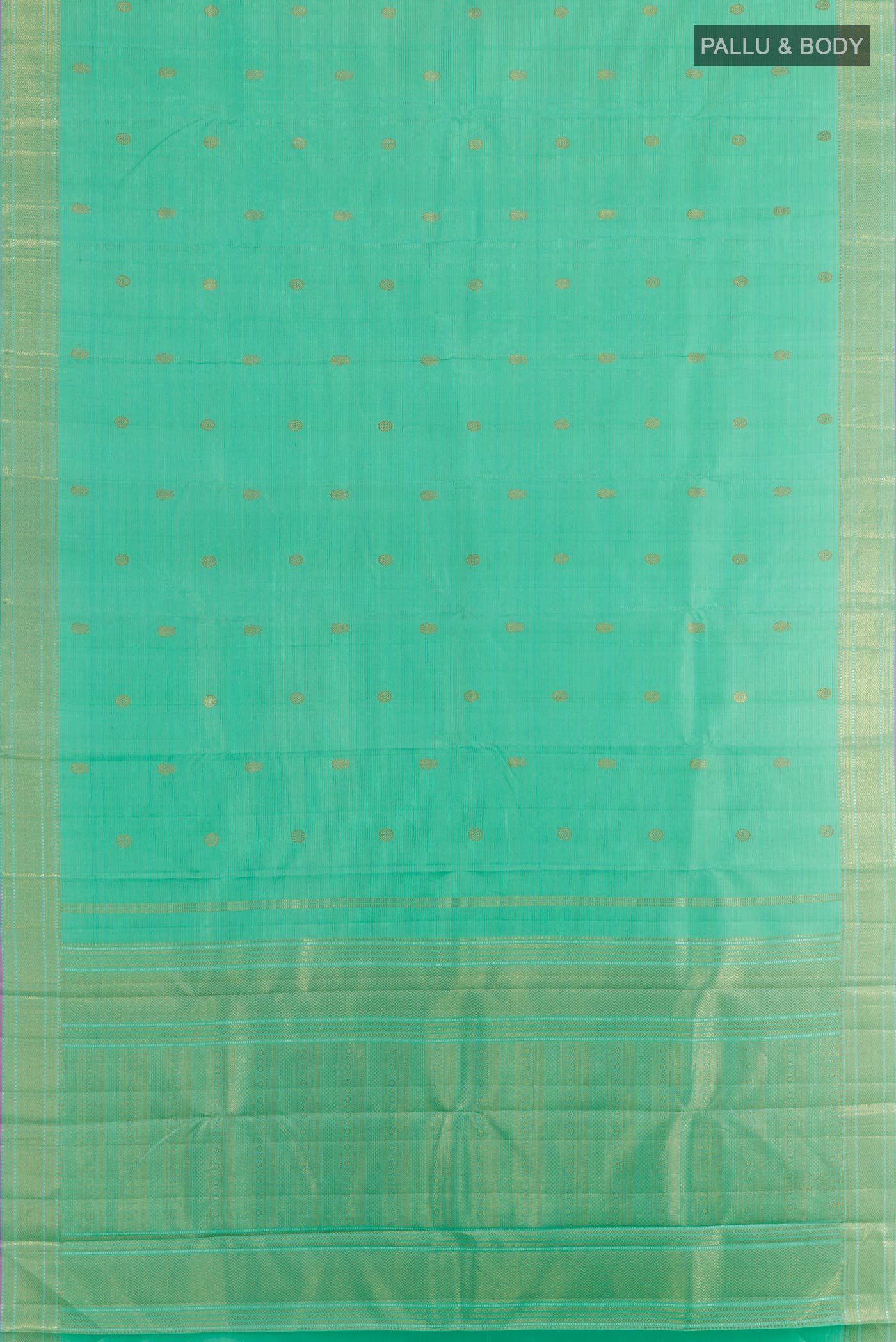 Flat view of Sea Green Kanjivaram Silk Saree with Zari Butta on the body and Zari Border. 