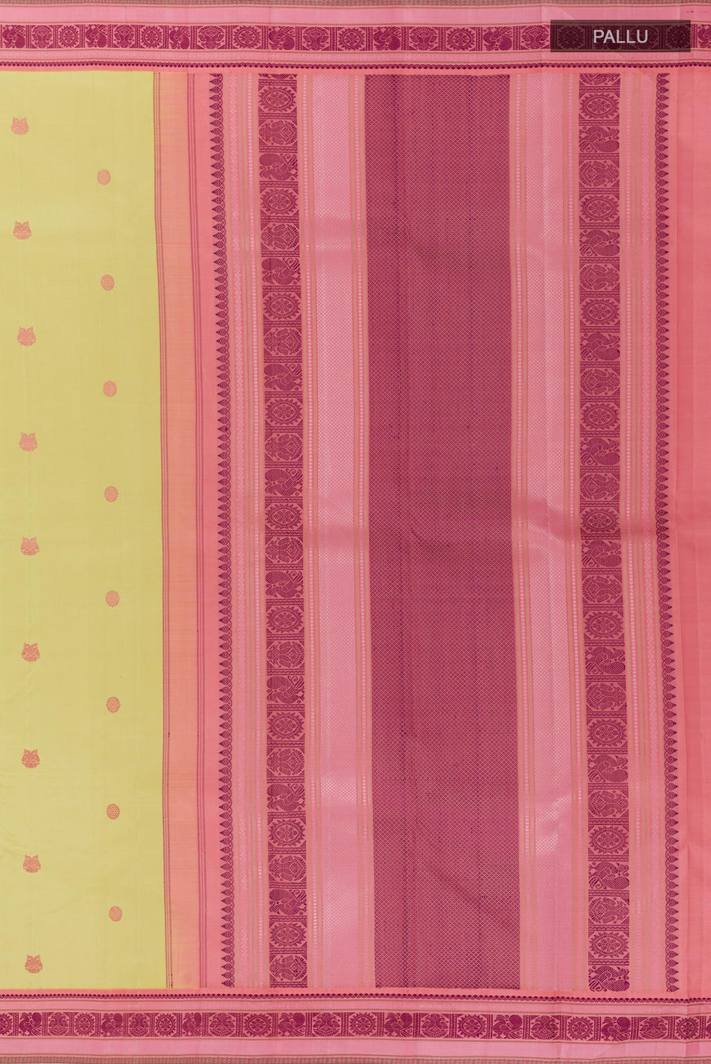 Close up image of the pallu of Lemon Yellow Kanjivaram Silk Saree with Thread Butta on the body and Thread Border. 