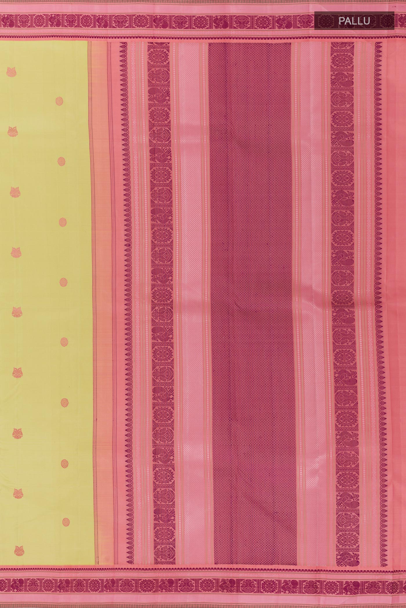 Close up image of the pallu of Lemon Yellow Kanjivaram Silk Saree with Thread Butta on the body and Thread Border. 