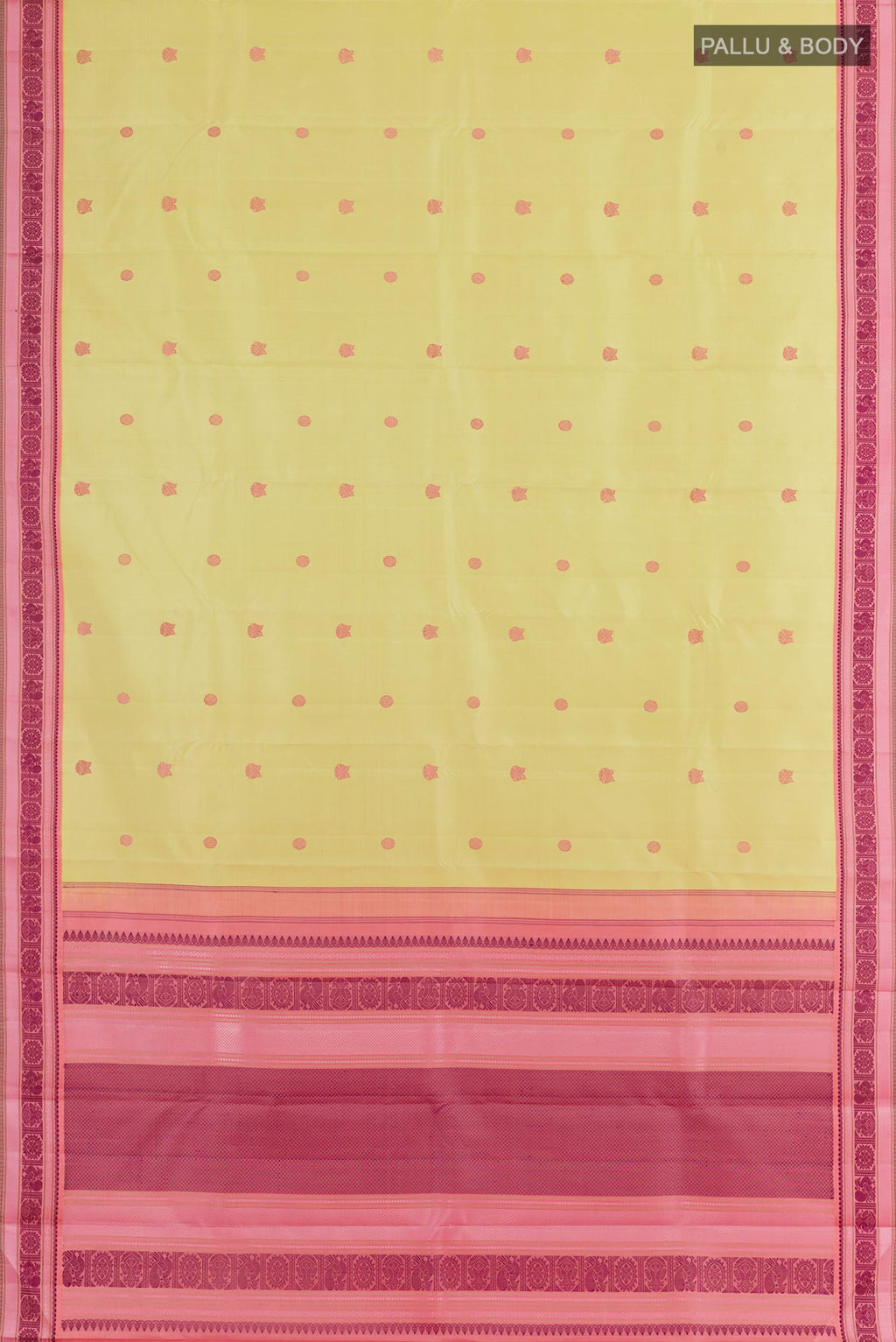 Flat view of Lemon Yellow Kanjivaram Silk Saree with Thread Butta on the body and Thread Border. 