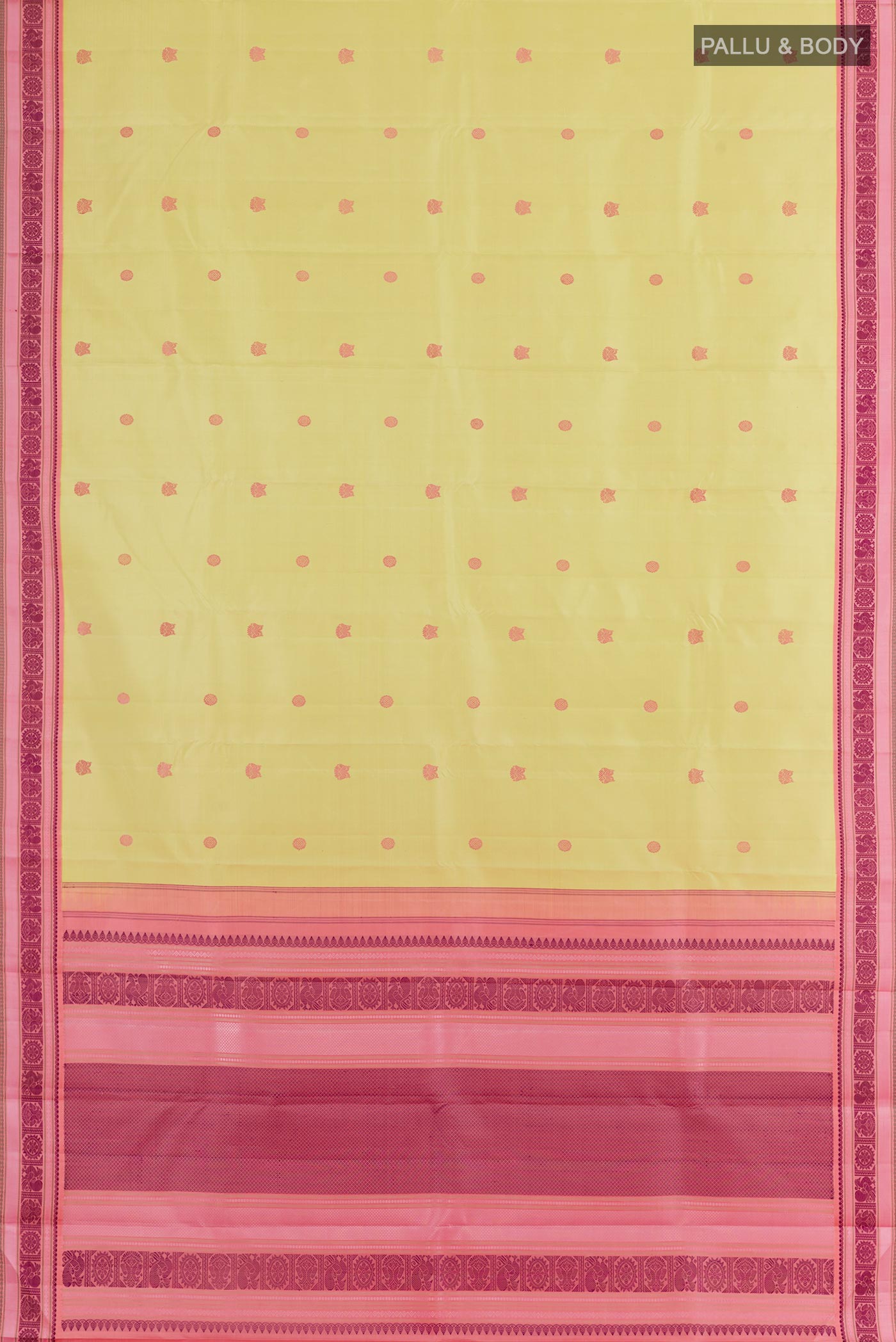 Flat view of Lemon Yellow Kanjivaram Silk Saree with Thread Butta on the body and Thread Border. 