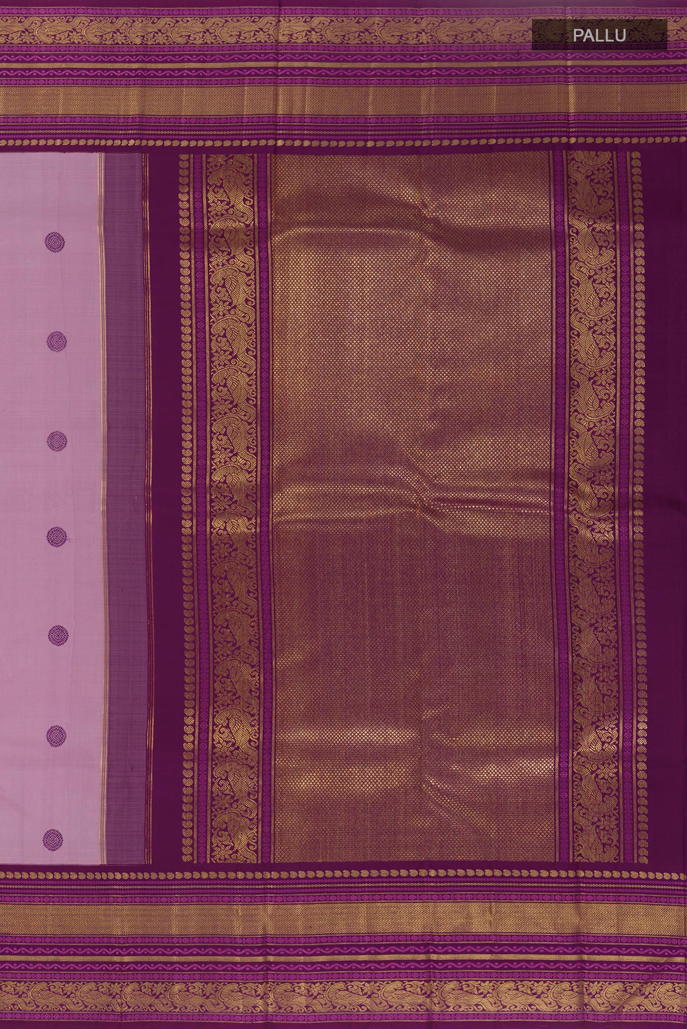 Close up image of the pallu of Lavender Kanchipuram Silk Saree with Thread Butta on the body and Zari Border. 