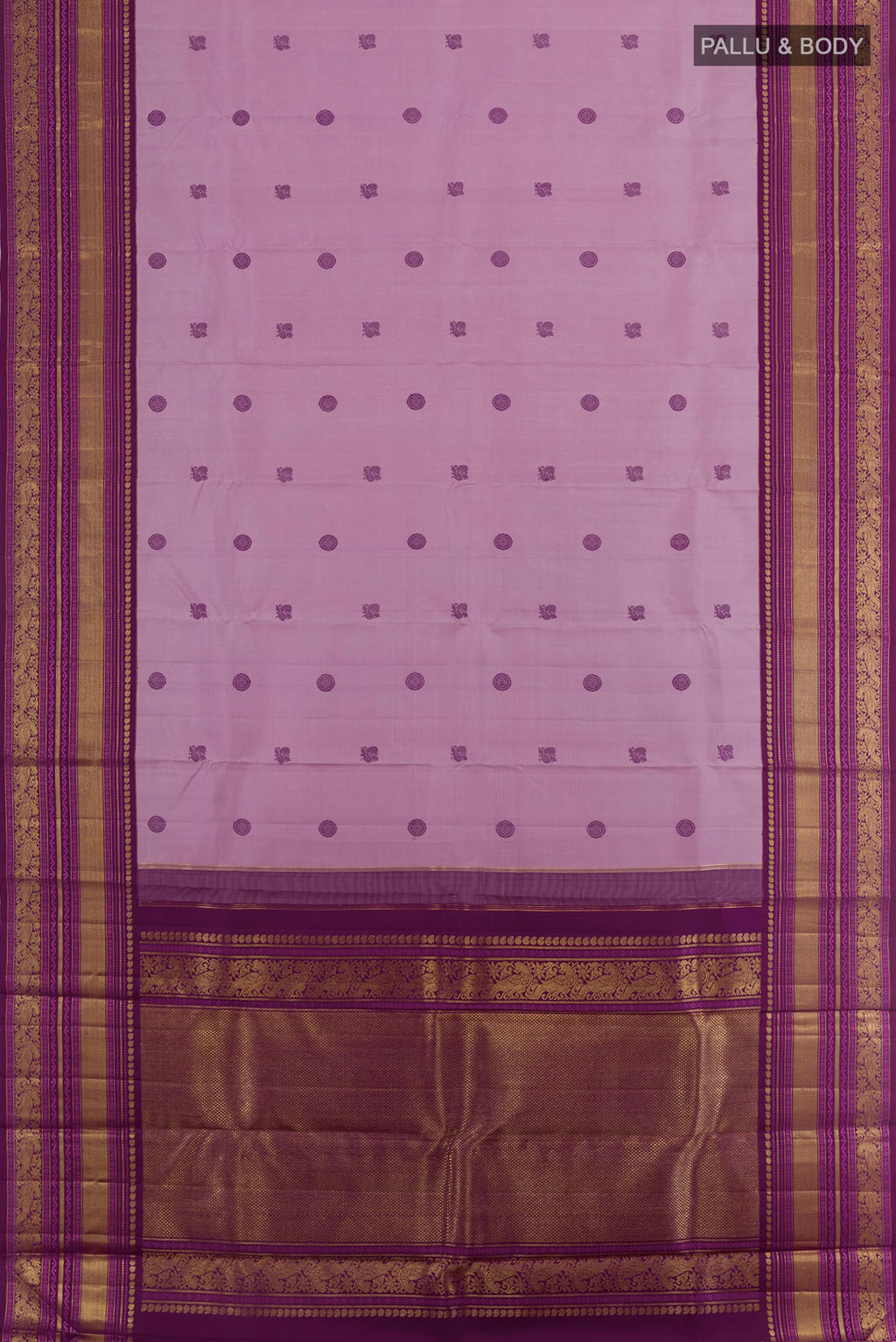 Flat view of Lavender Kanchipuram Silk Saree with Thread Butta on the body and Zari Border. 
