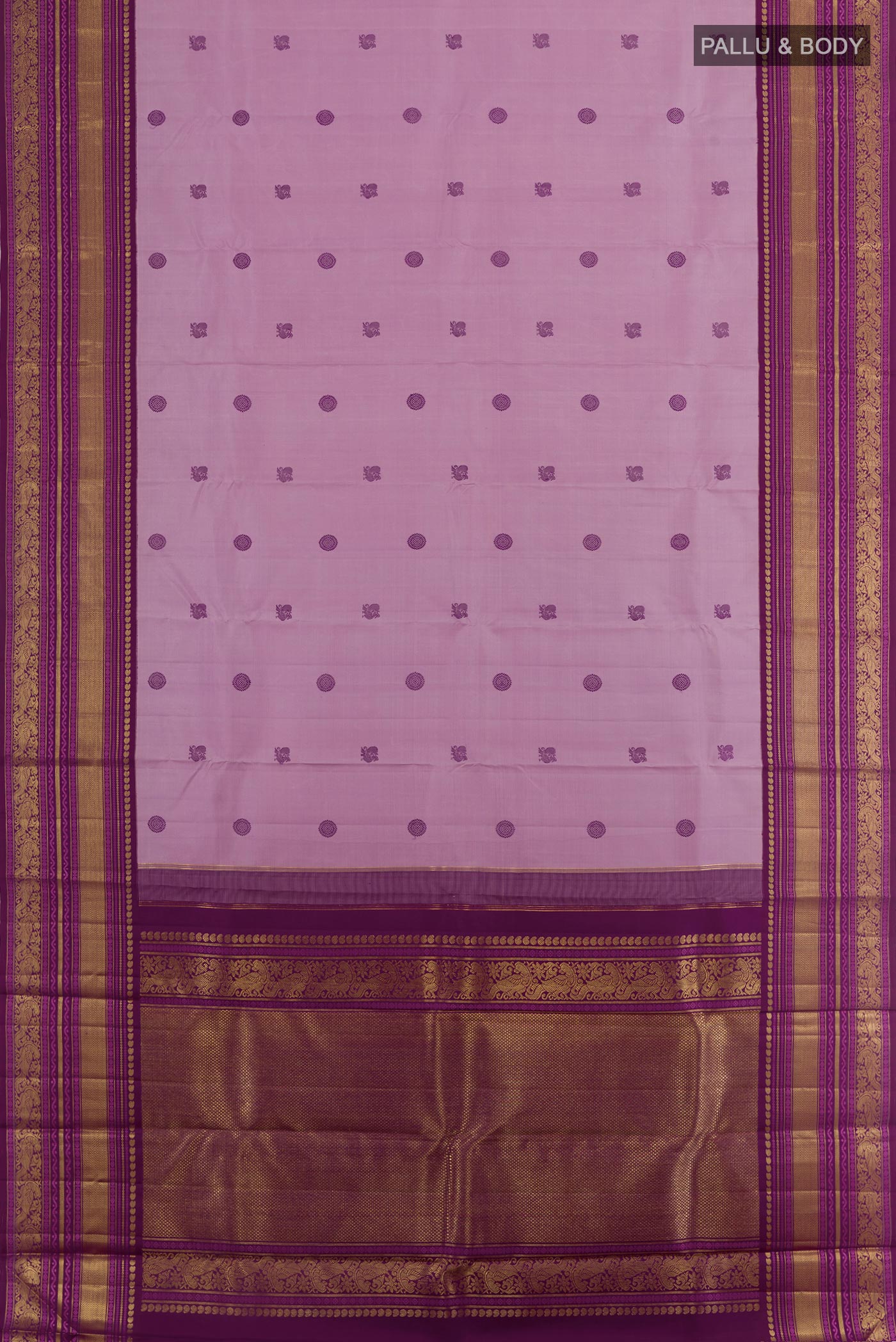 Flat view of Lavender Kanchipuram Silk Saree with Thread Butta on the body and Zari Border. 