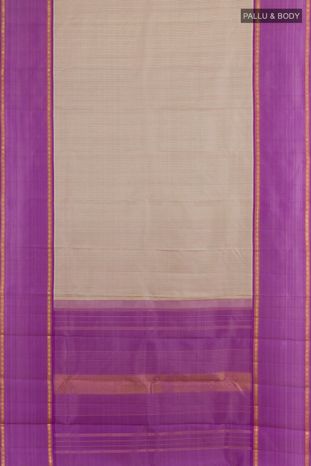 Flat view of Grey Kanjivaram Silk Saree with Checked design on the body and Zari Border. 