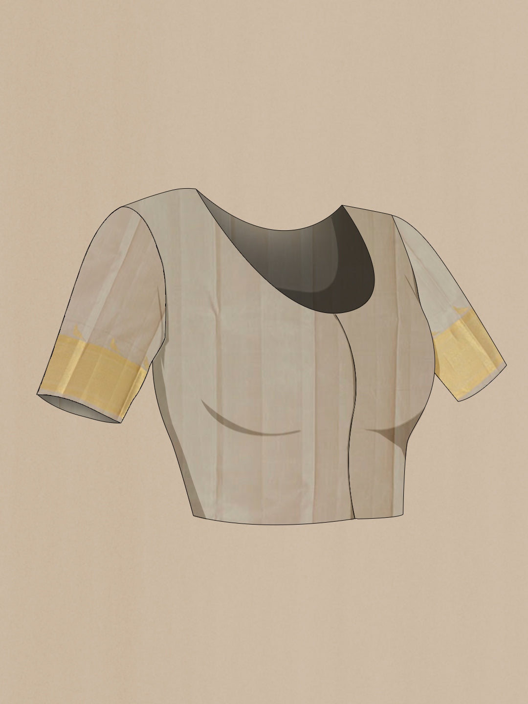 Close up image of the blouse of Grey Kanchipuram Silk Saree with Zari Butta on the body and Zari Border. 