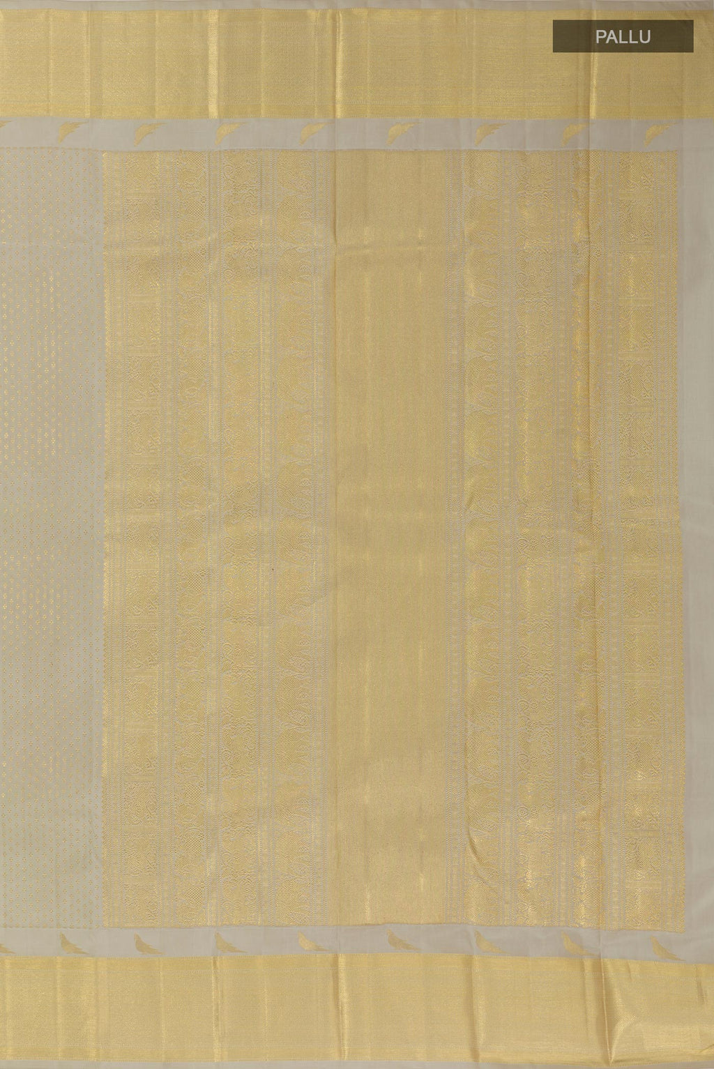 Close up image of the pallu of Grey Kanchipuram Silk Saree with Zari Butta on the body and Zari Border. 
