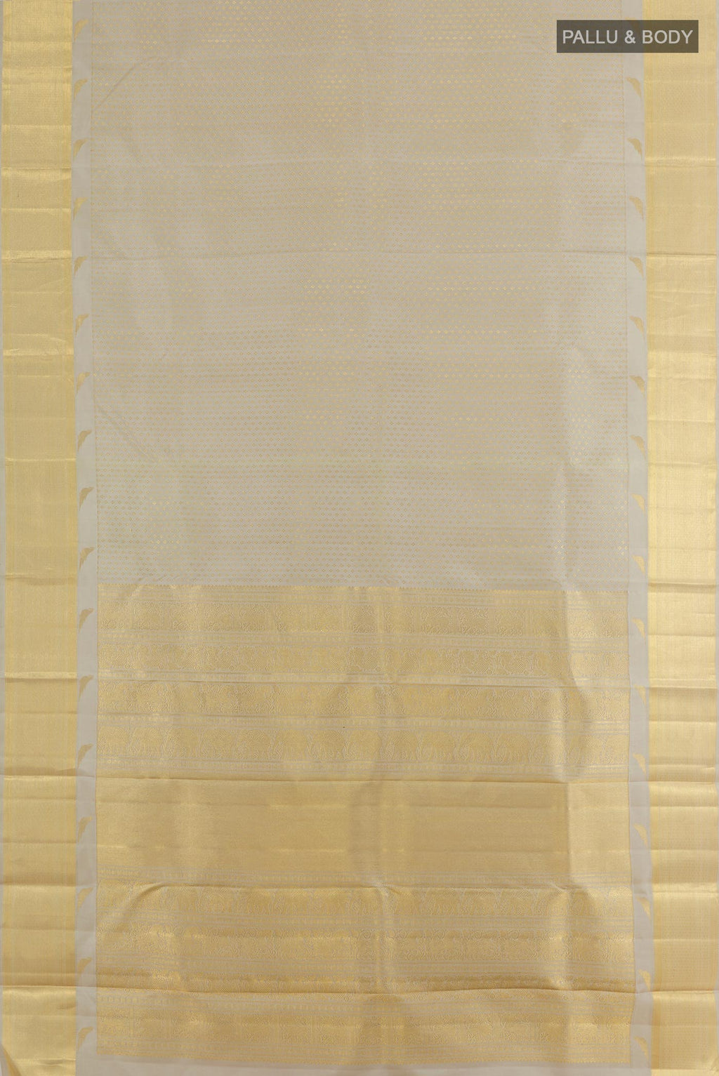 Flat view of Grey Kanchipuram Silk Saree with Zari Butta on the body and Zari Border. 