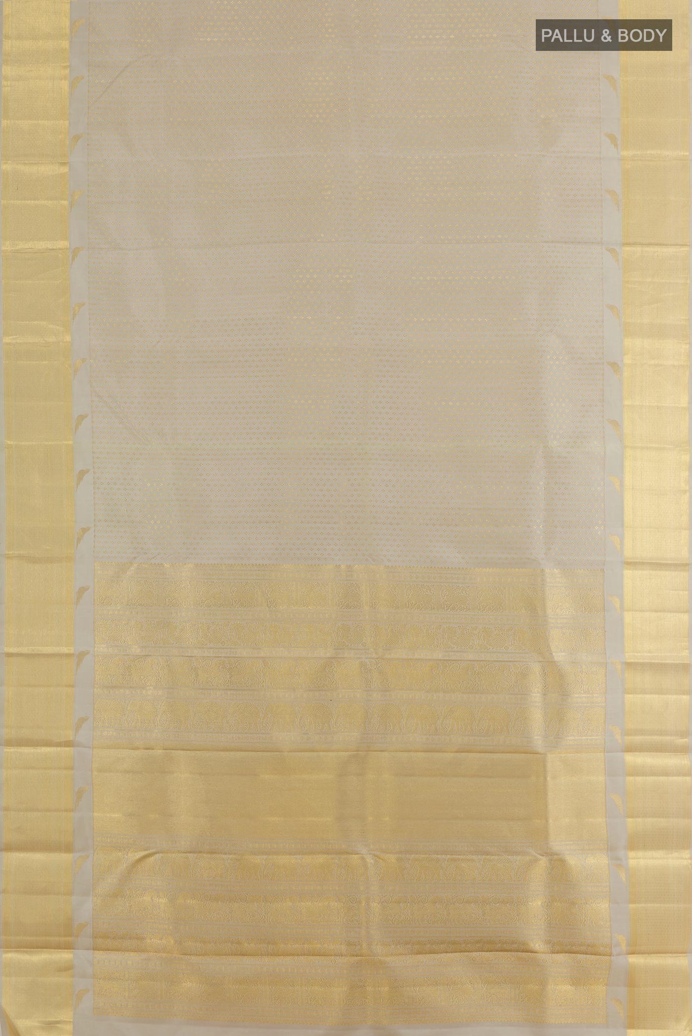 Flat view of Grey Kanchipuram Silk Saree with Zari Butta on the body and Zari Border. 