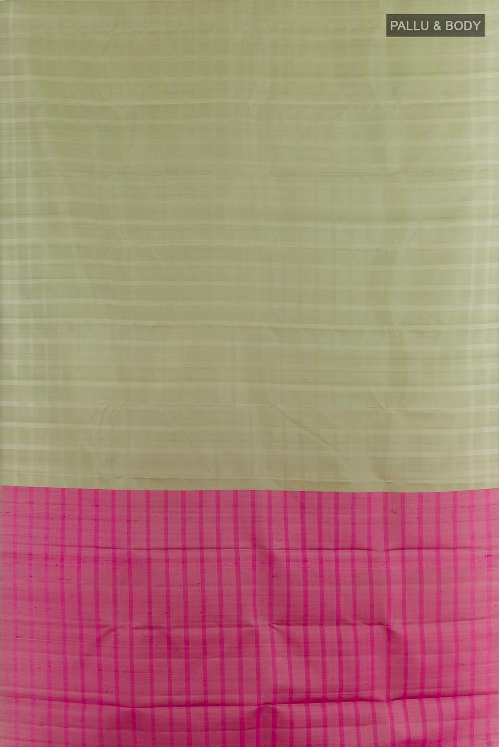 Flat view of Sage Green Kanchipuram Silk Saree with Stripes on the body and Without Border. 