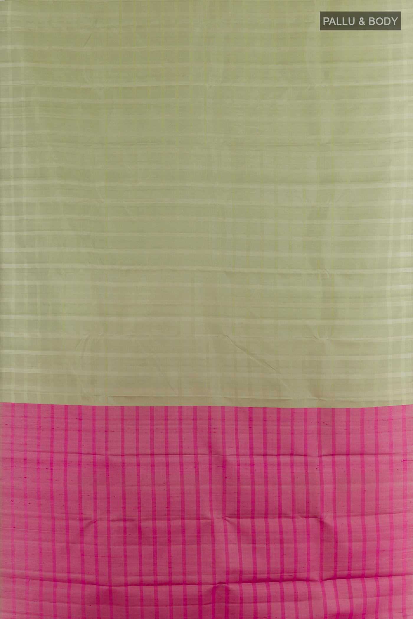 Flat view of Sage Green Kanchipuram Silk Saree with Stripes on the body and Without Border. 