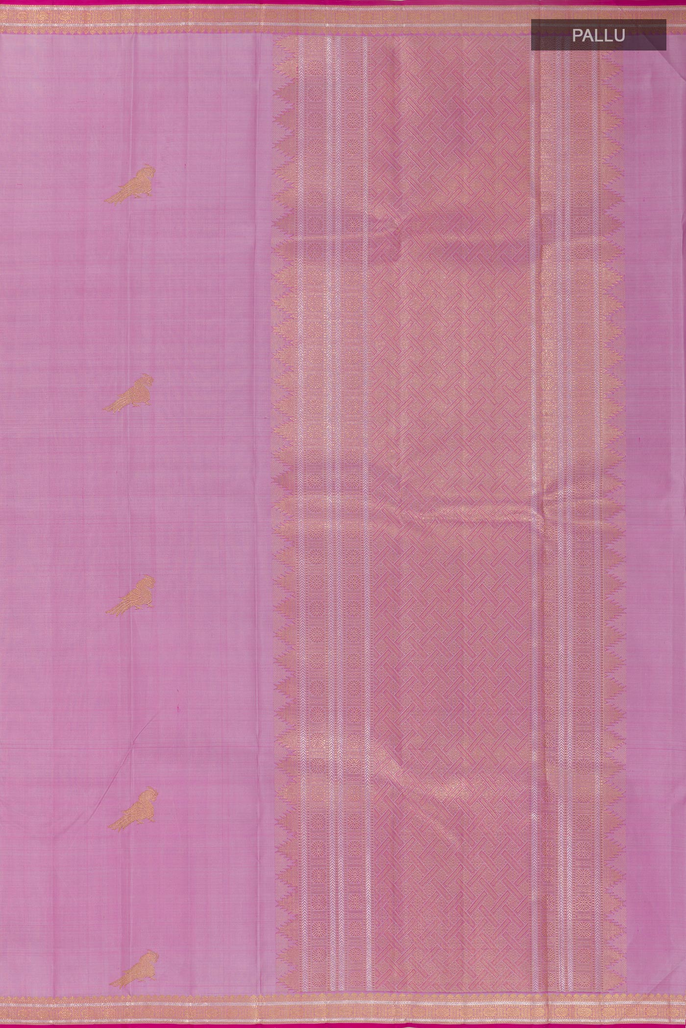 Close up image of the pallu of Lavender Kanjivaram Silk Saree with Zari Butta on the body and Zari Border. 