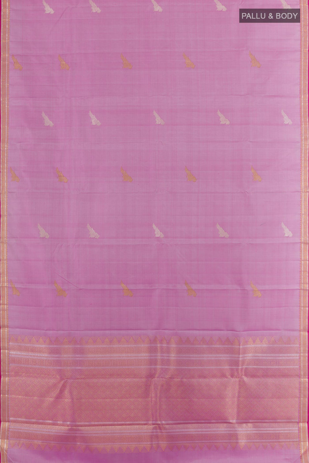 Flat view of Lavender Kanjivaram Silk Saree with Zari Butta on the body and Zari Border. 