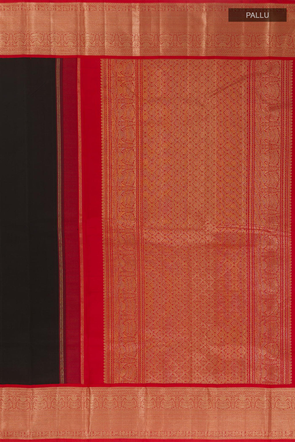 Close up image of the pallu of Black Kanjivaram Silk Saree with Plain Body and Zari Border. 
