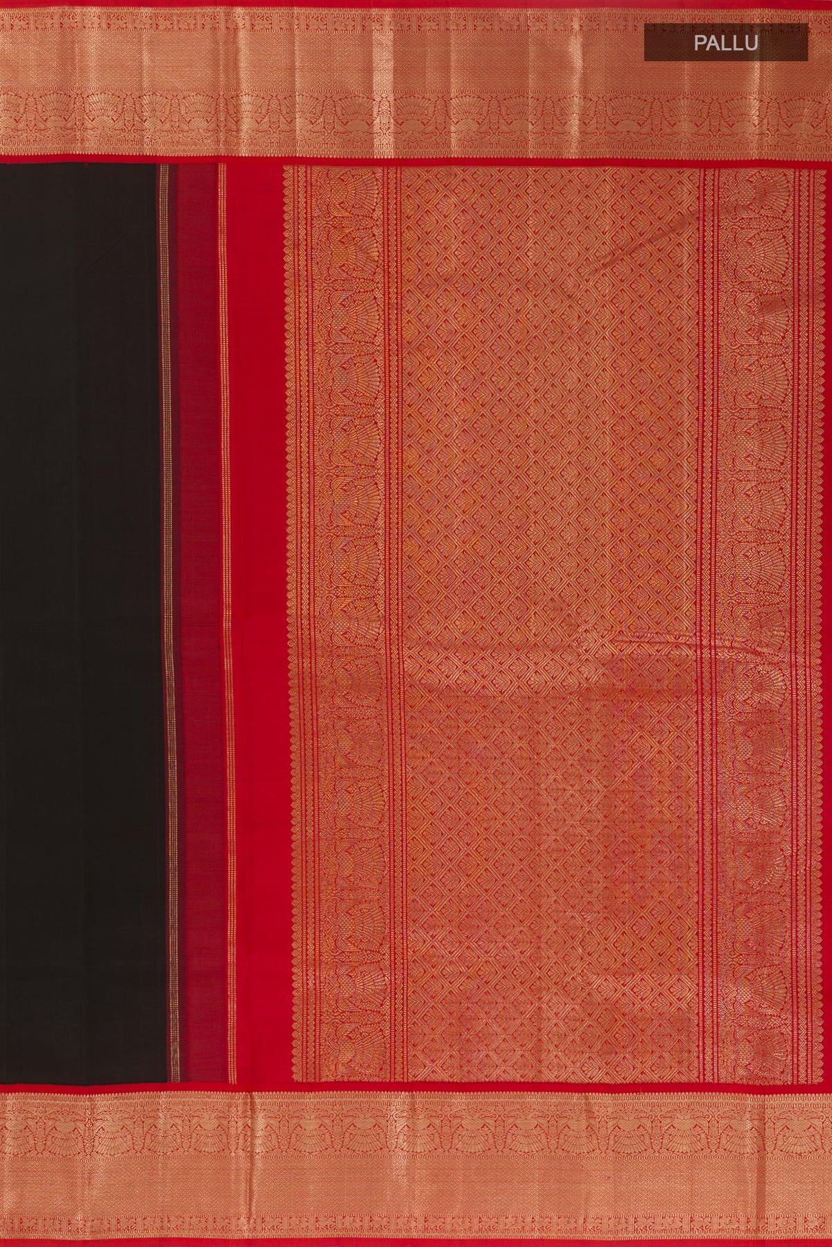 Close up image of the pallu of Black Kanjivaram Silk Saree with Plain Body and Zari Border. 