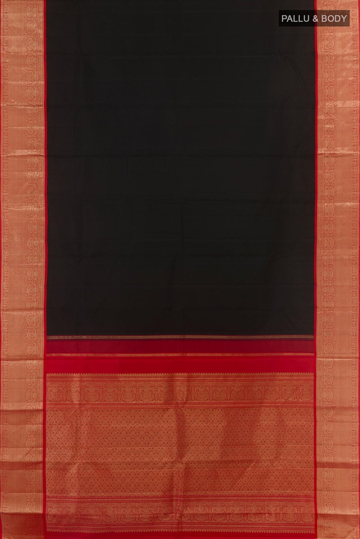 Flat view of Black Kanjivaram Silk Saree with Plain Body and Zari Border. 