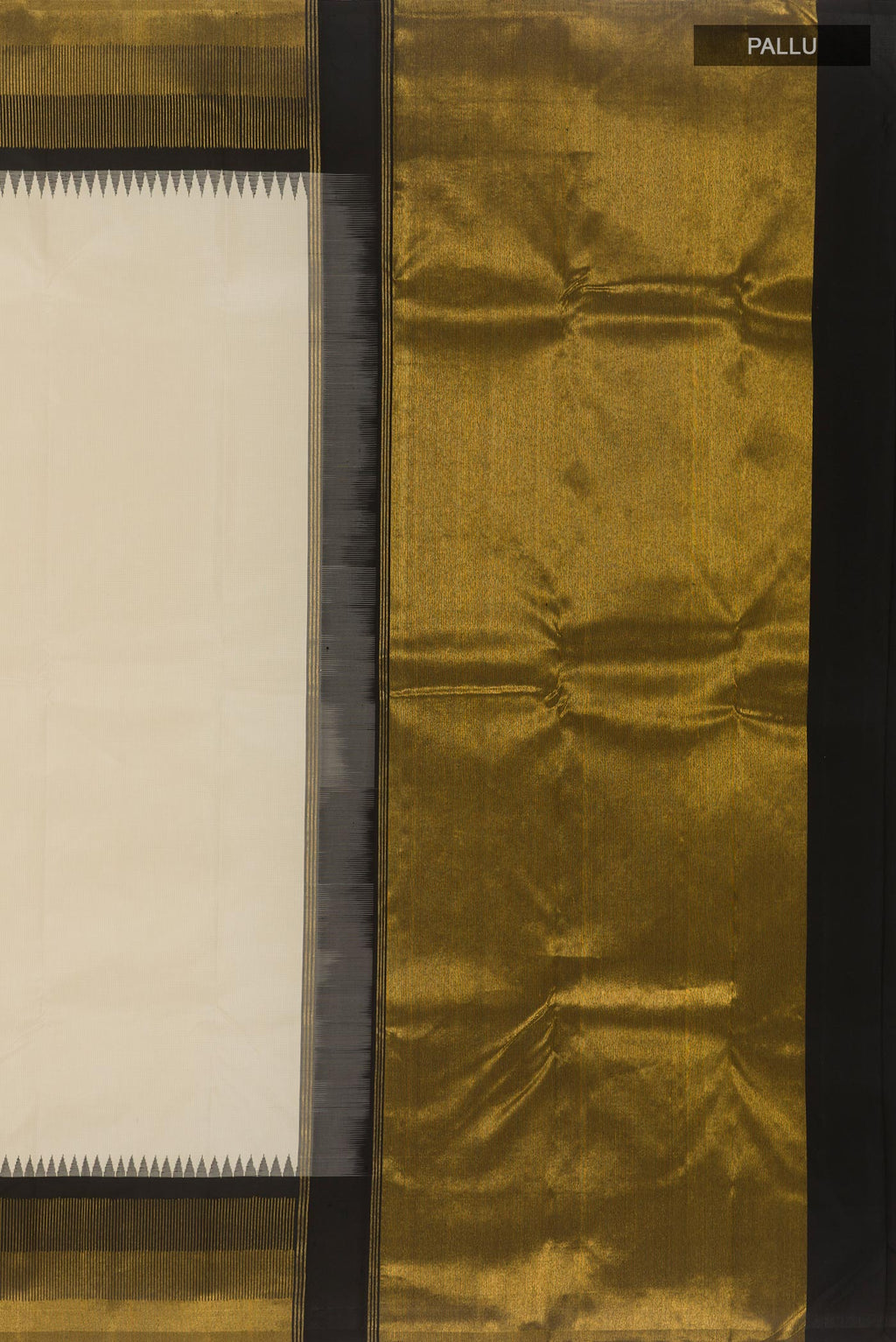 Close up image of the pallu of Off White Kanchipuram Silk Saree with Checked design on the body and Zari Border. 