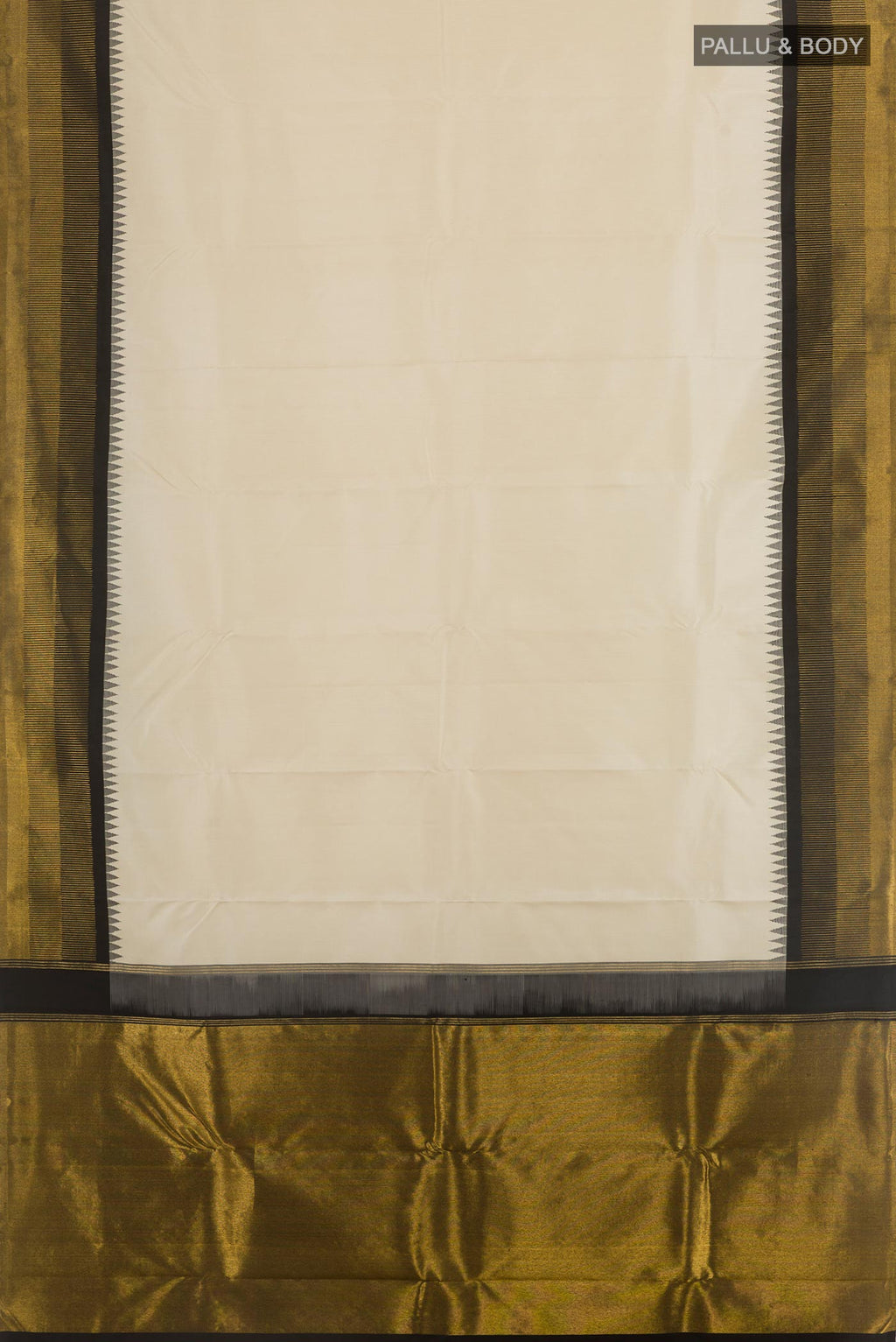Flat view of Off White Kanchipuram Silk Saree with Checked design on the body and Zari Border. 
