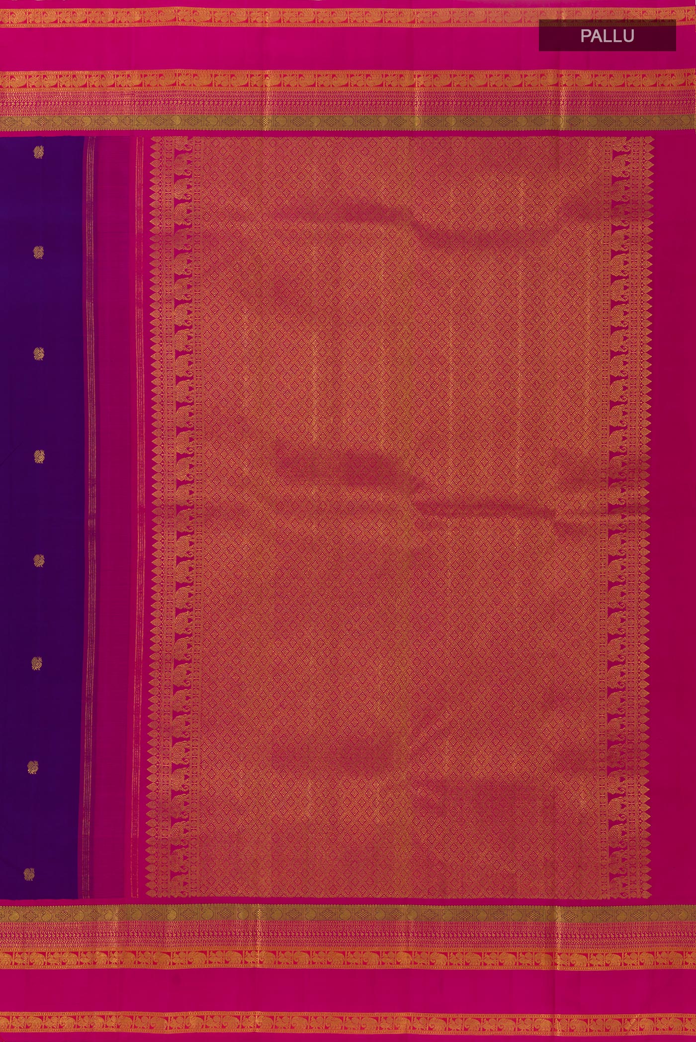 Close up image of the pallu of Blue Kanchipuram Silk Saree with Zari Butta on the body and Zari Border. 