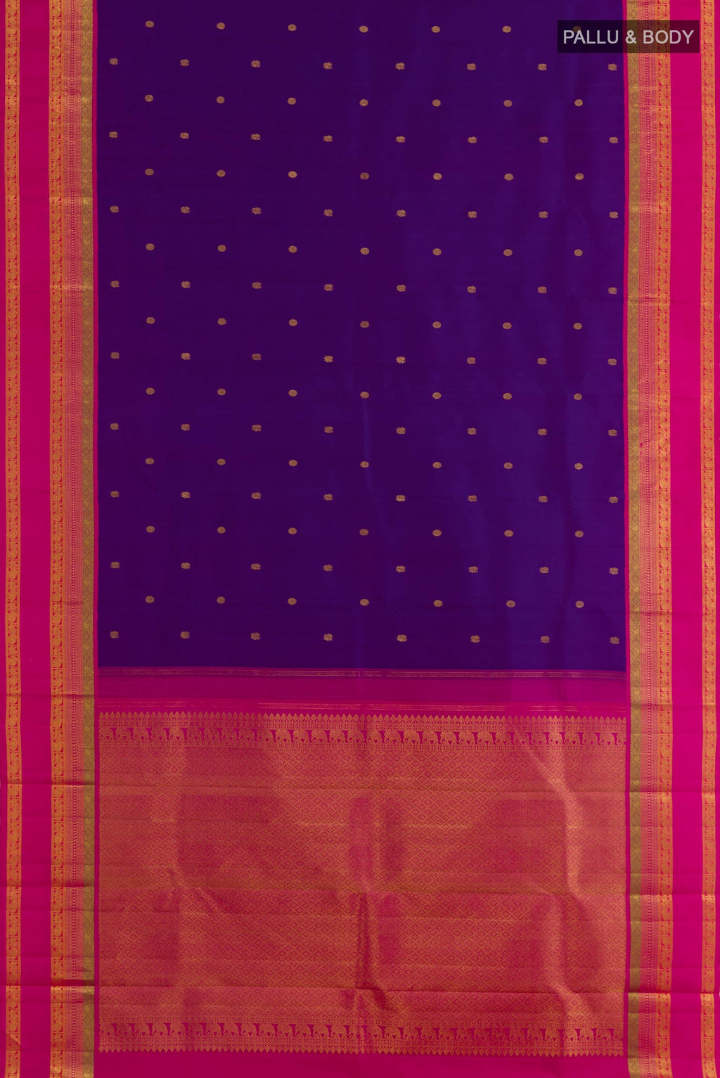 Flat view of Blue Kanchipuram Silk Saree with Zari Butta on the body and Zari Border. 