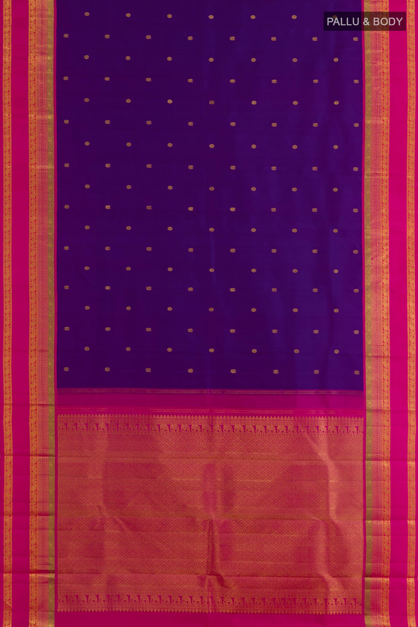 Flat view of Blue Kanchipuram Silk Saree with Zari Butta on the body and Zari Border. 