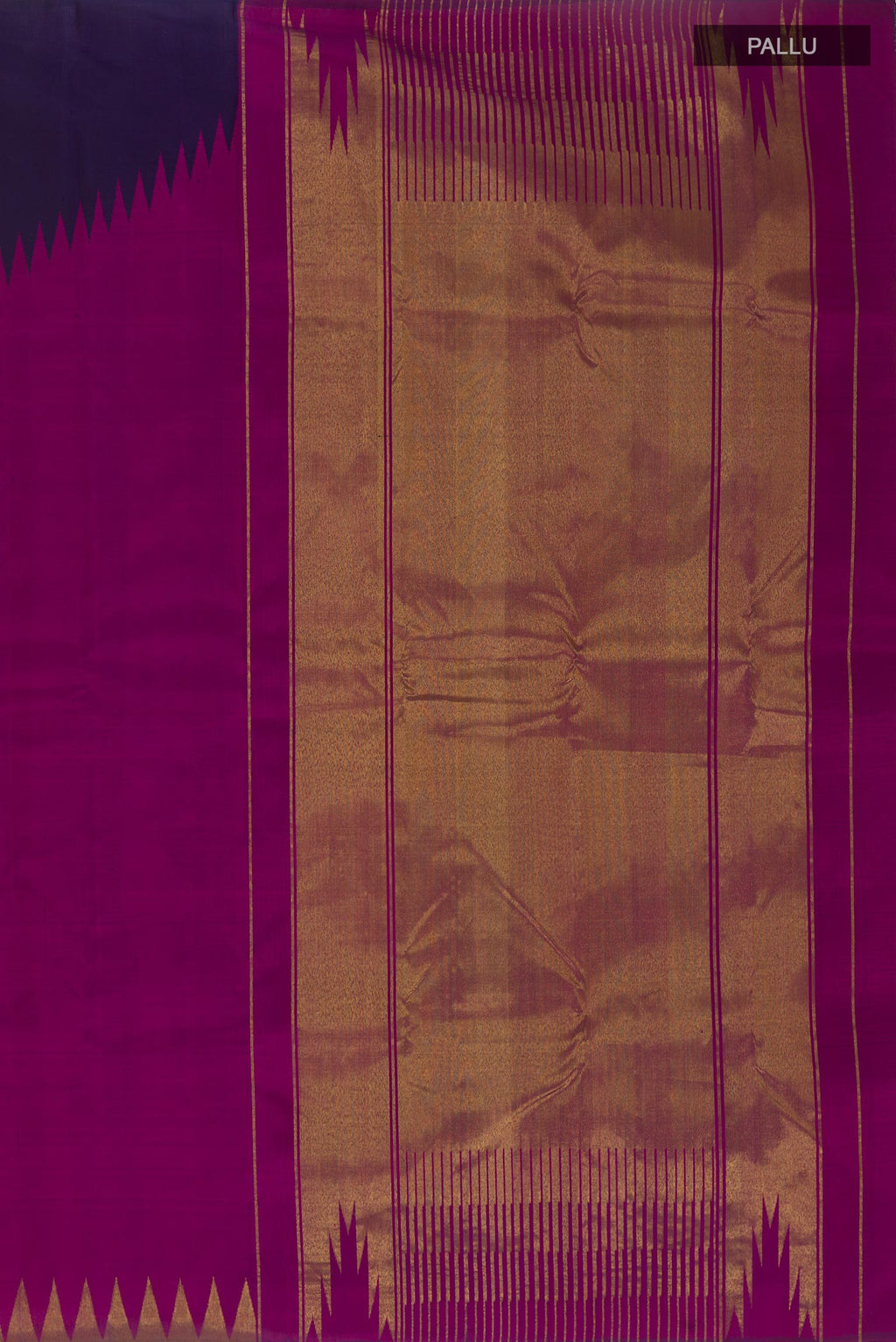 Close up image of the pallu of Navy Blue Kanjivaram Silk Saree with Plain Body and Rising Temple Border. 