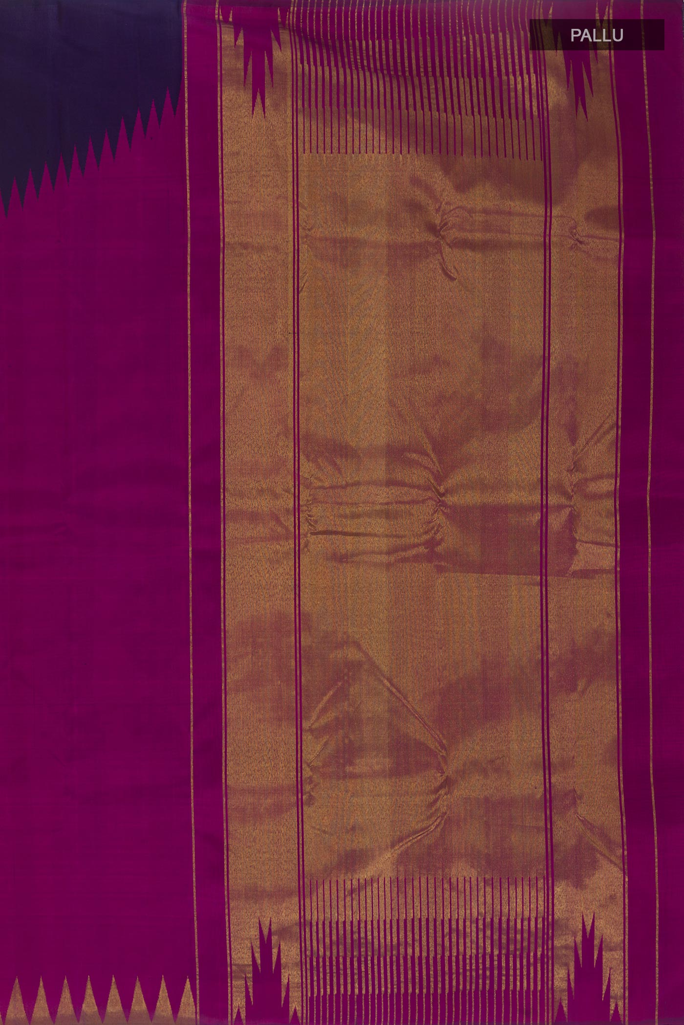 Close up image of the pallu of Navy Blue Kanjivaram Silk Saree with Plain Body and Rising Temple Border. 