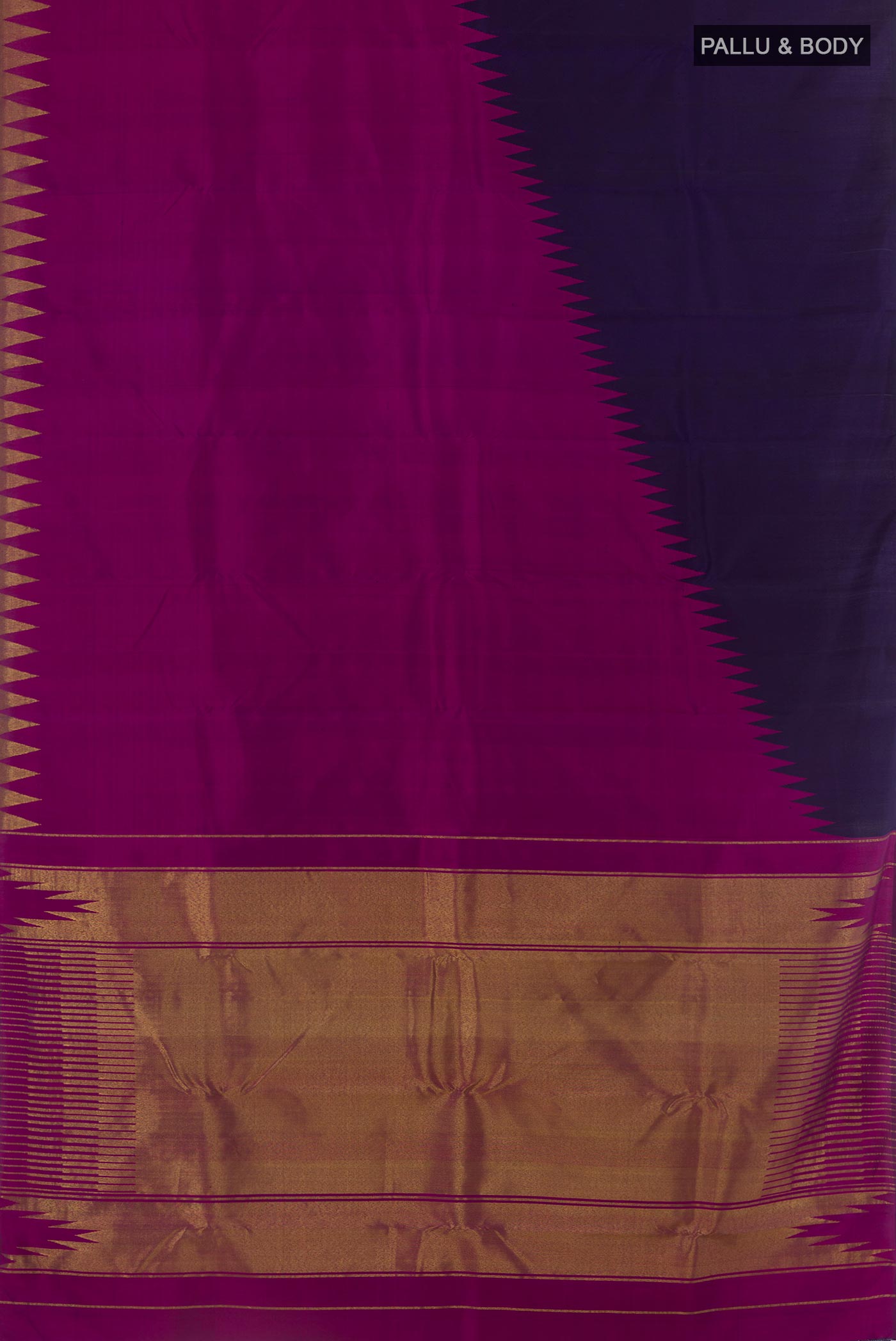 Flat view of Navy Blue Kanjivaram Silk Saree with Plain Body and Rising Temple Border. 