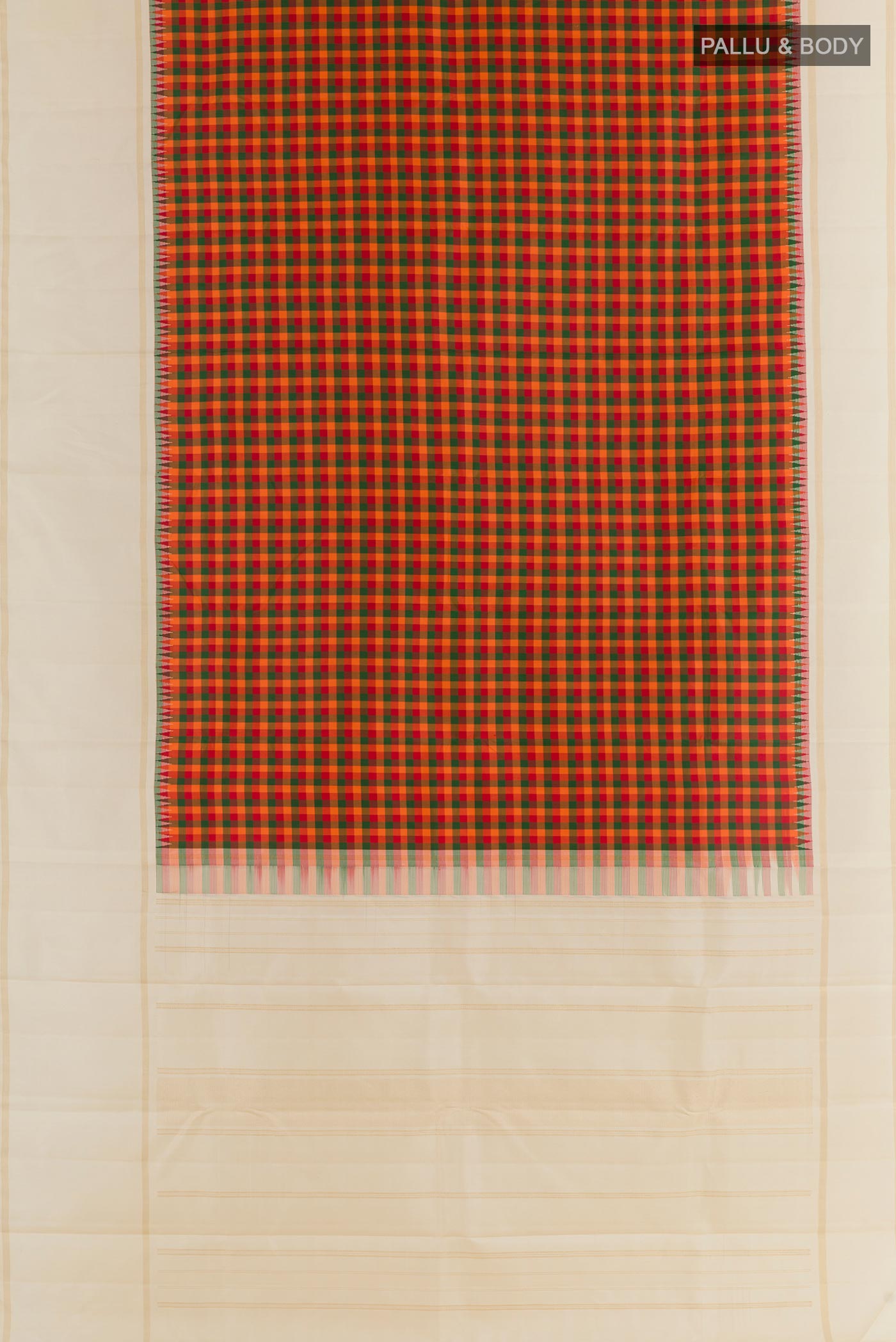 Flat view of Multi Color Kanjivaram Silk Saree with Checked design on the body and Zari Border. 