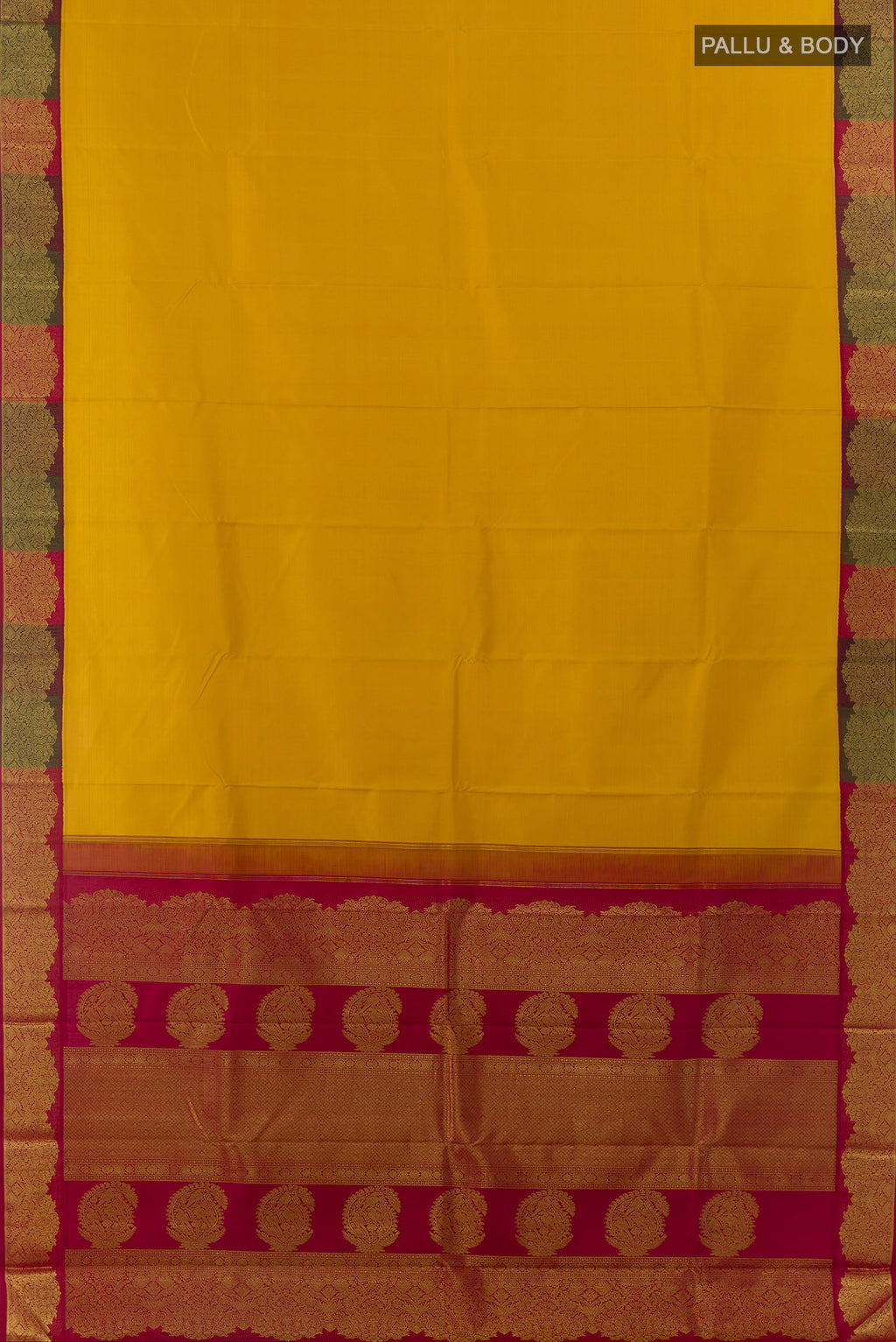 Flat view of Pure Silk Yellow Kanjivaram Saree with Plain Body and Zari Border. 