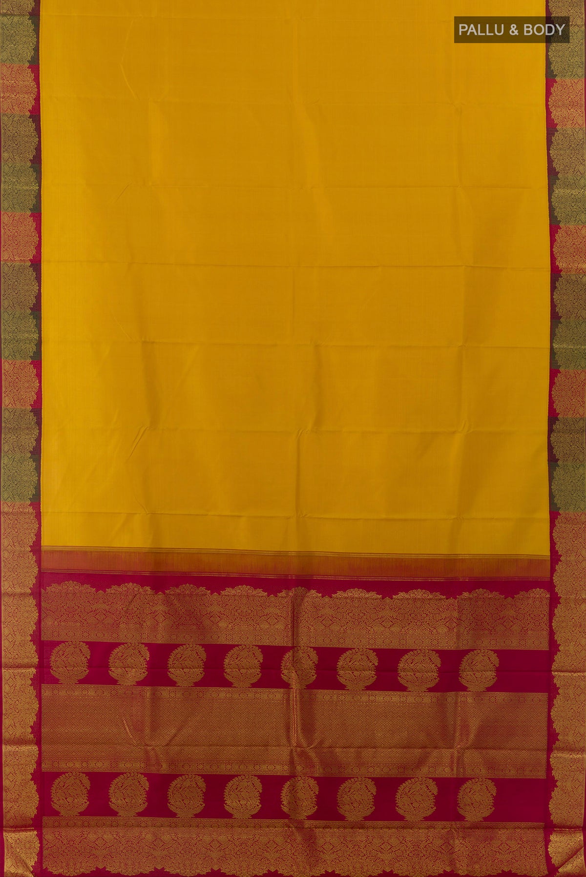 Flat view of Pure Silk Yellow Kanjivaram Saree with Plain Body and Zari Border. 