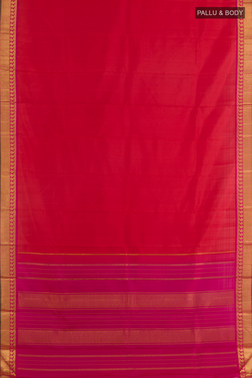 Flat view of Red Kanchipuram Silk Saree with Plain Body and Zari Border. 