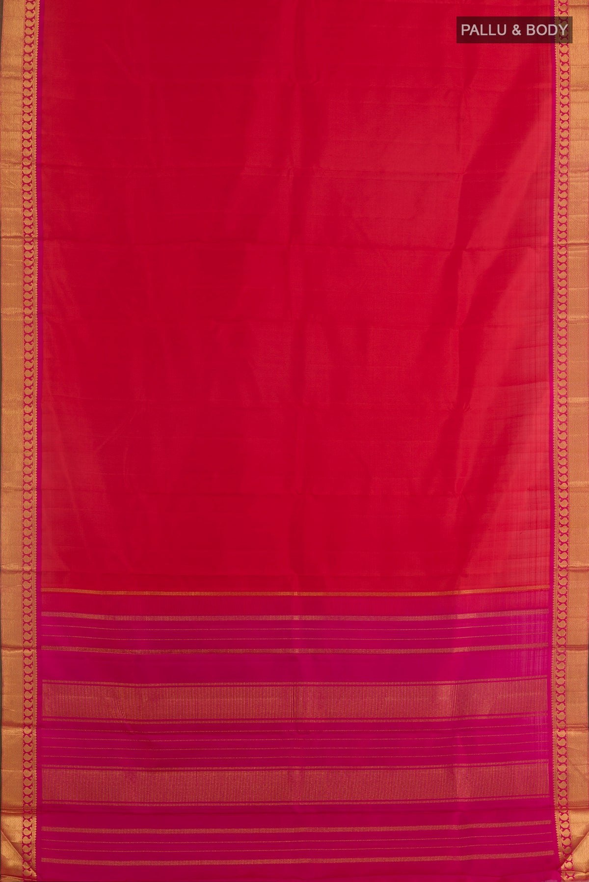 Flat view of Red Kanchipuram Silk Saree with Plain Body and Zari Border. 