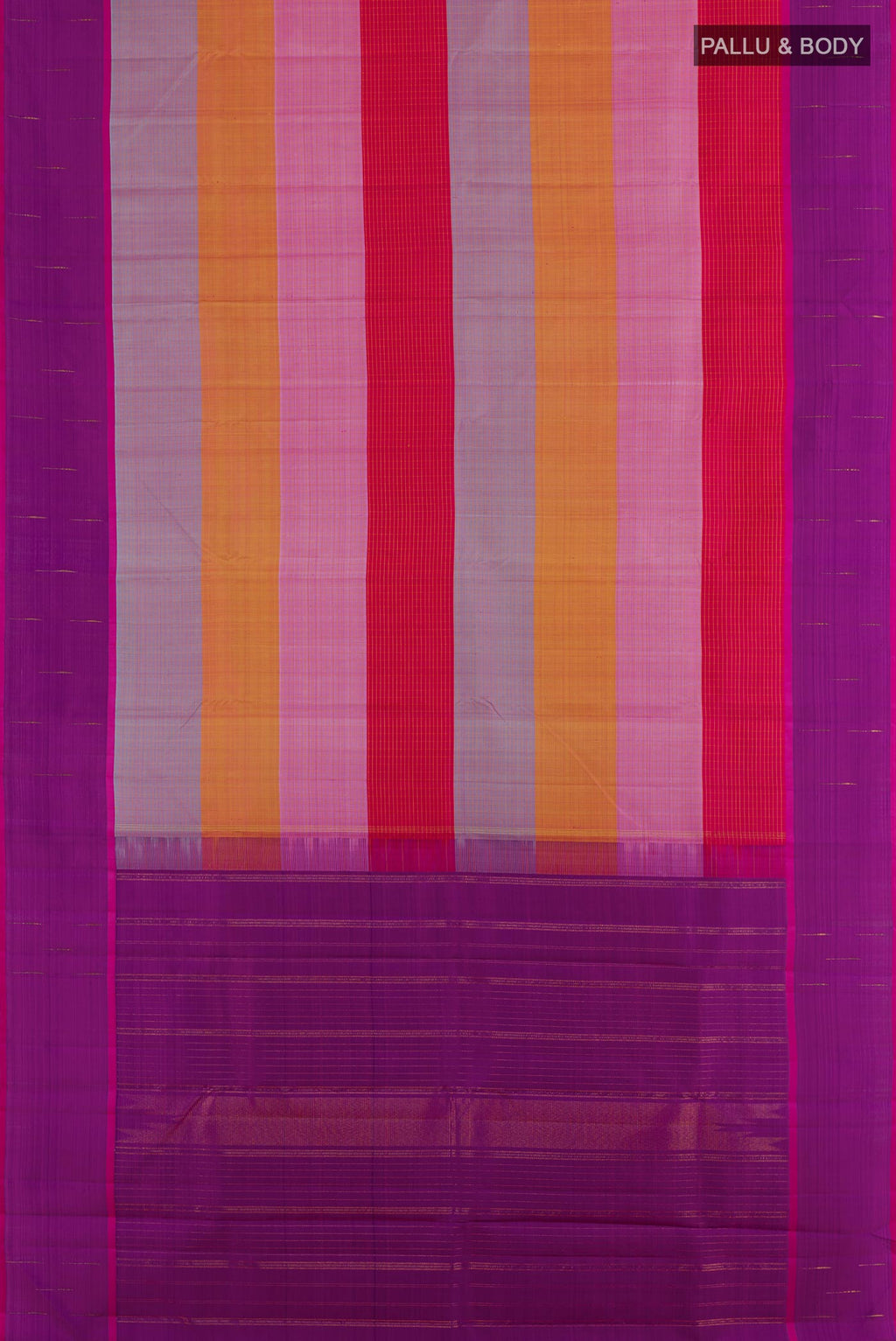 Flat view of Multi Color Kanjivaram Silk Saree with Stripes on the body and Plain Border. 