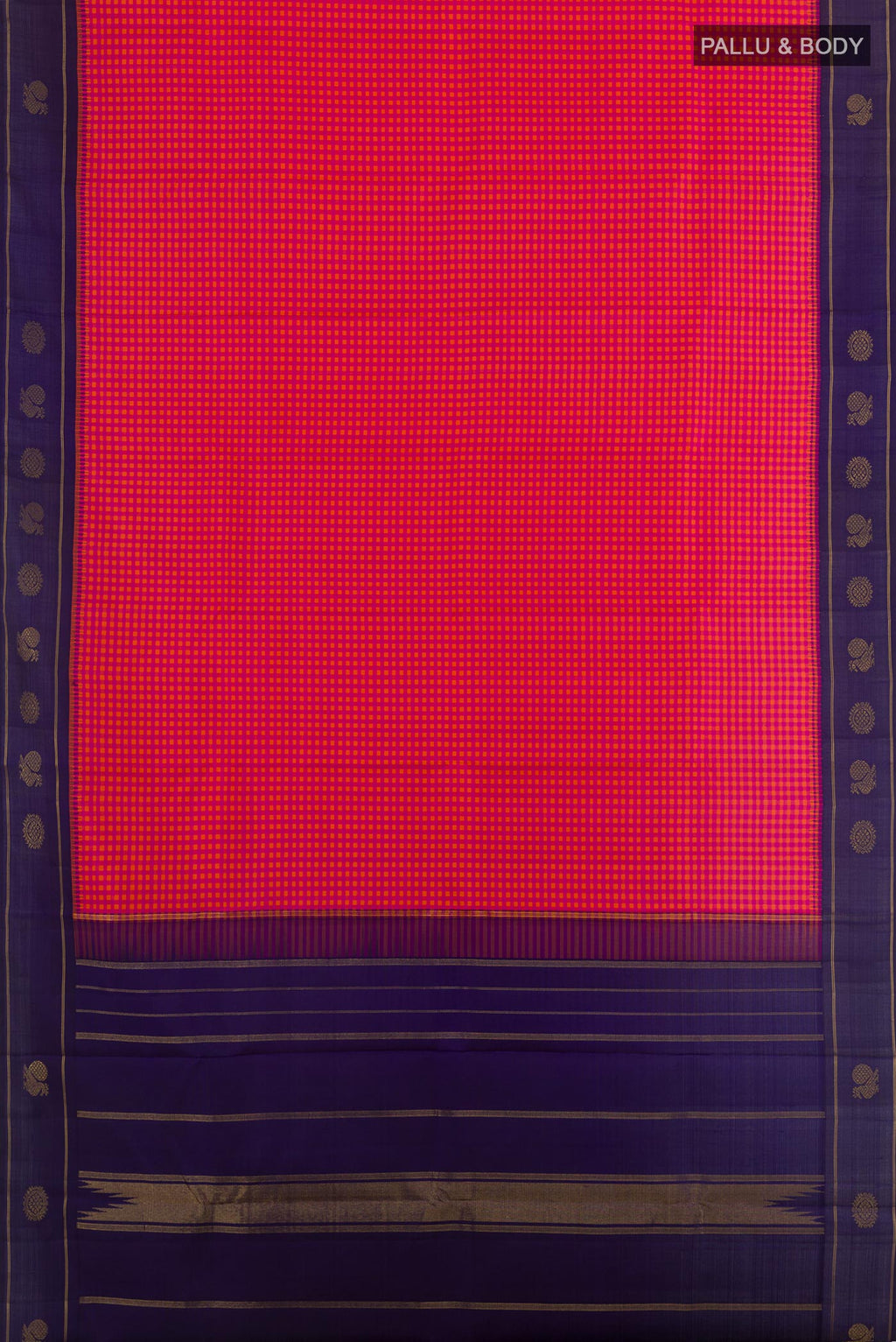 Flat view of Pink Kanjivaram Silk Saree with Checked design on the body and Zari Border. 
