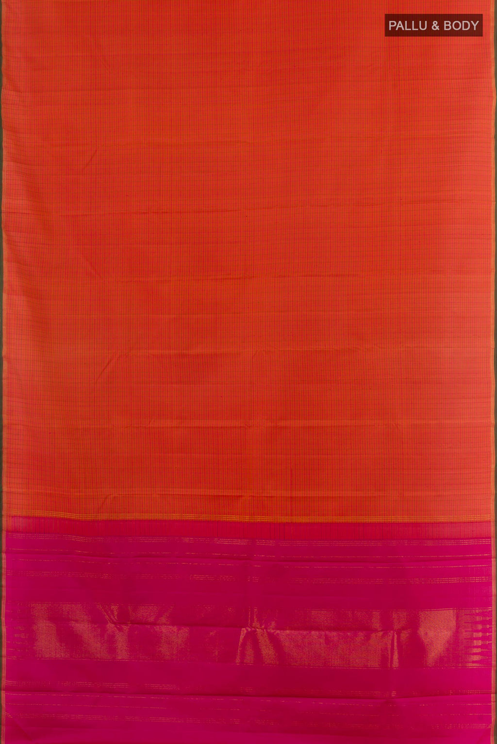 Flat view of Orange Kanchipuram Silk Saree with Checked design on the body and Zari Border. 