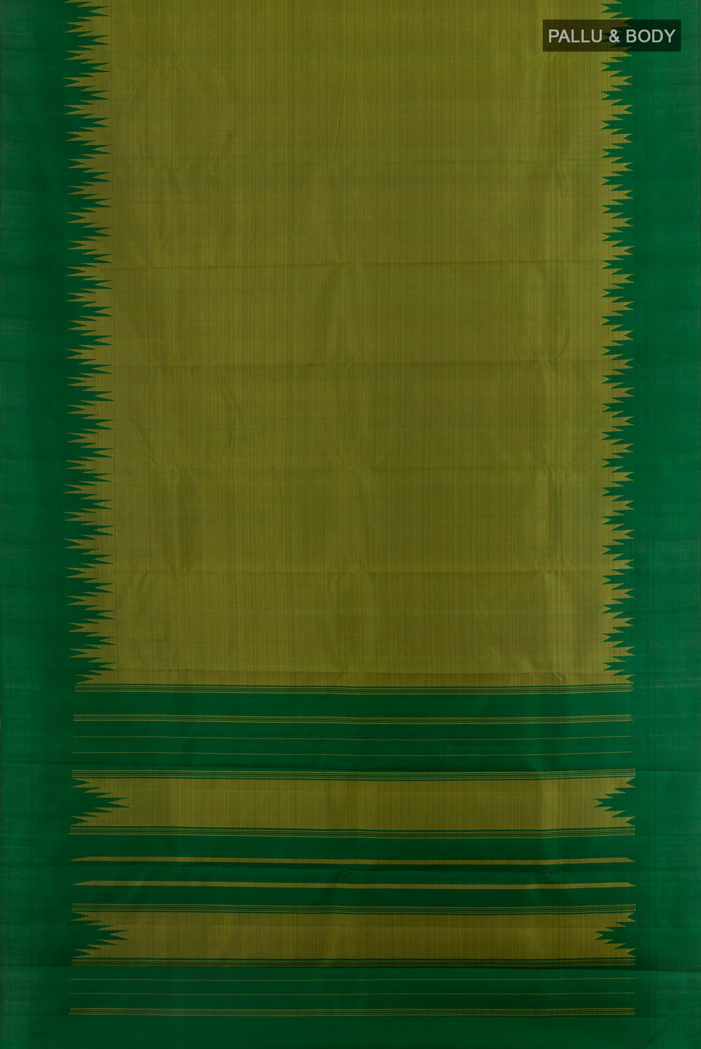 Flat view of Mehandi Green Kanjivaram Silk Saree with Plain Body and Temple Border. 