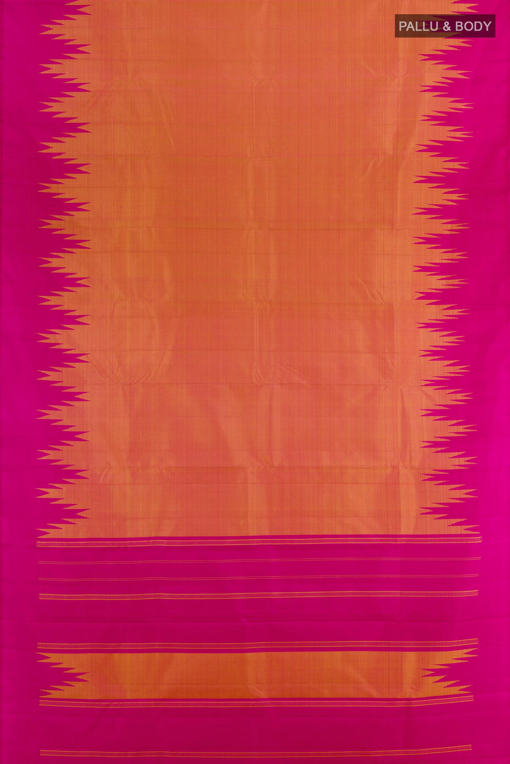 Flat view of Brick Orange Kanjivaram Silk Saree with Plain Body and Temple Border. 