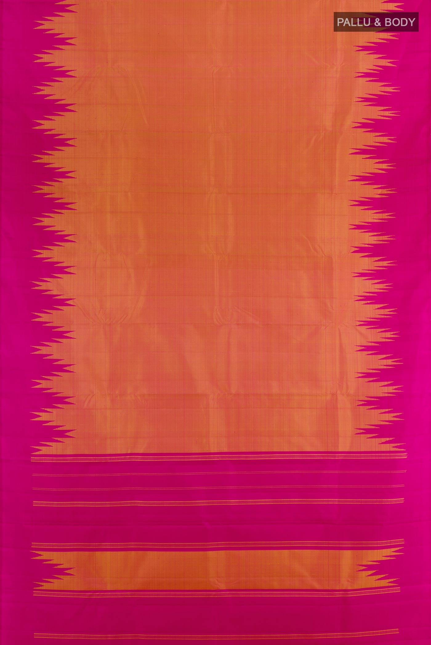 Flat view of Brick Orange Kanjivaram Silk Saree with Plain Body and Temple Border. 
