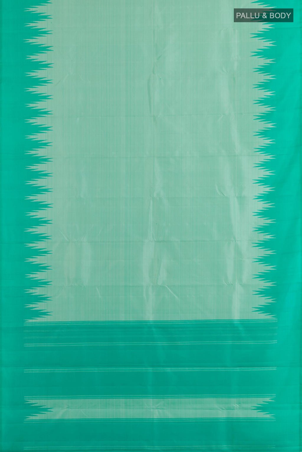 Flat view of Mint Green Kanjivaram Silk Saree with Plain Body and Temple Border. 