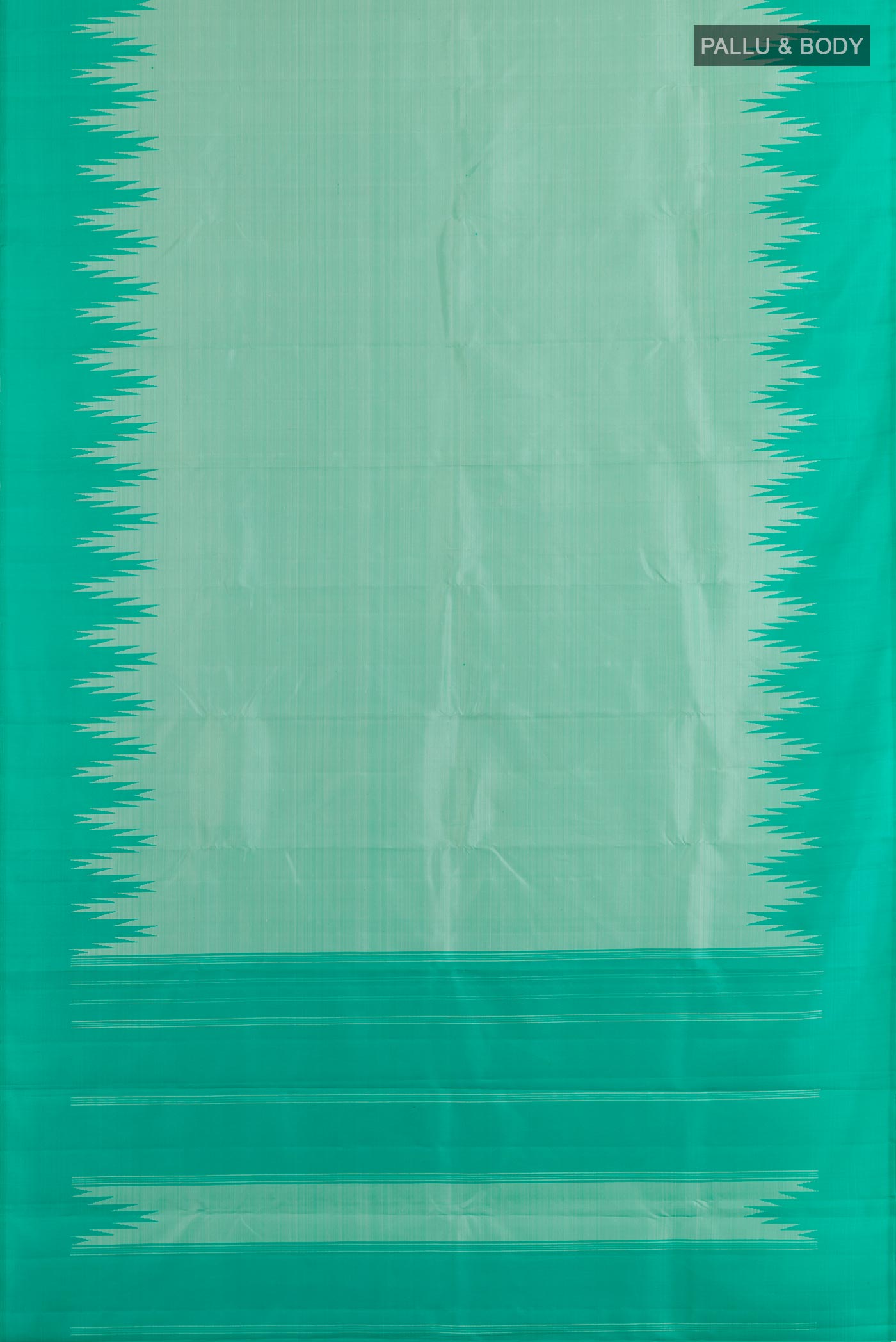 Flat view of Mint Green Kanjivaram Silk Saree with Plain Body and Temple Border. 