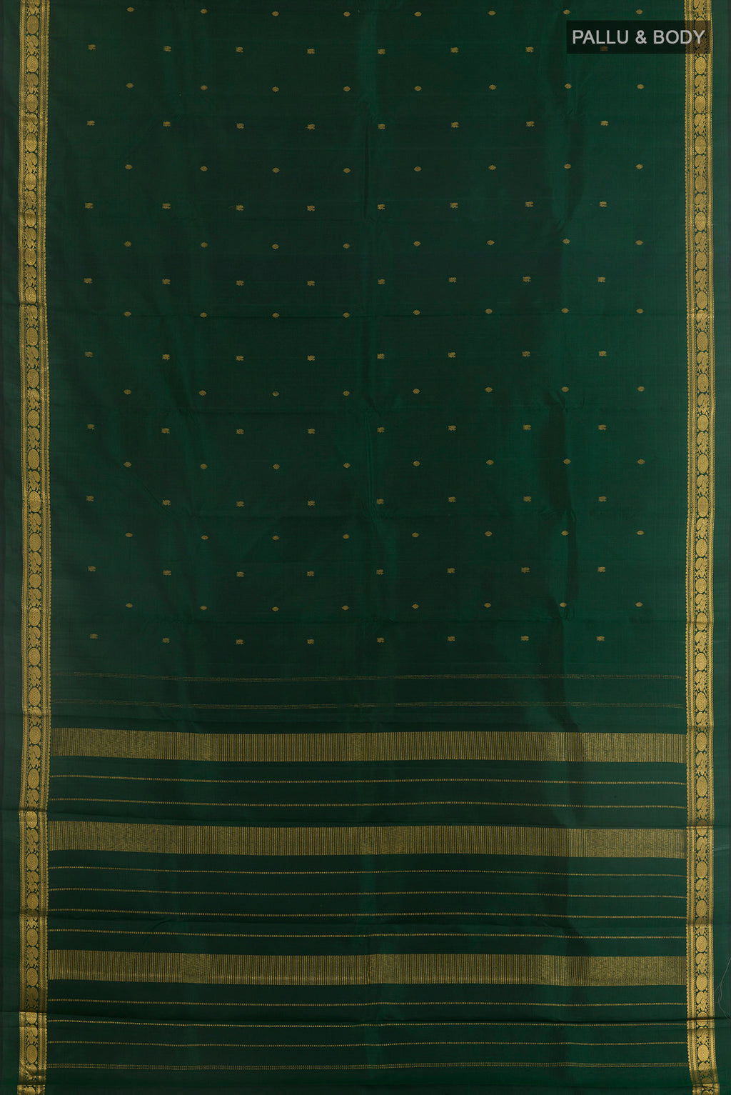 Flat view of Pure Silk Bottle Green Kanchipuram Saree with Zari Butta on the body and Zari Border. 