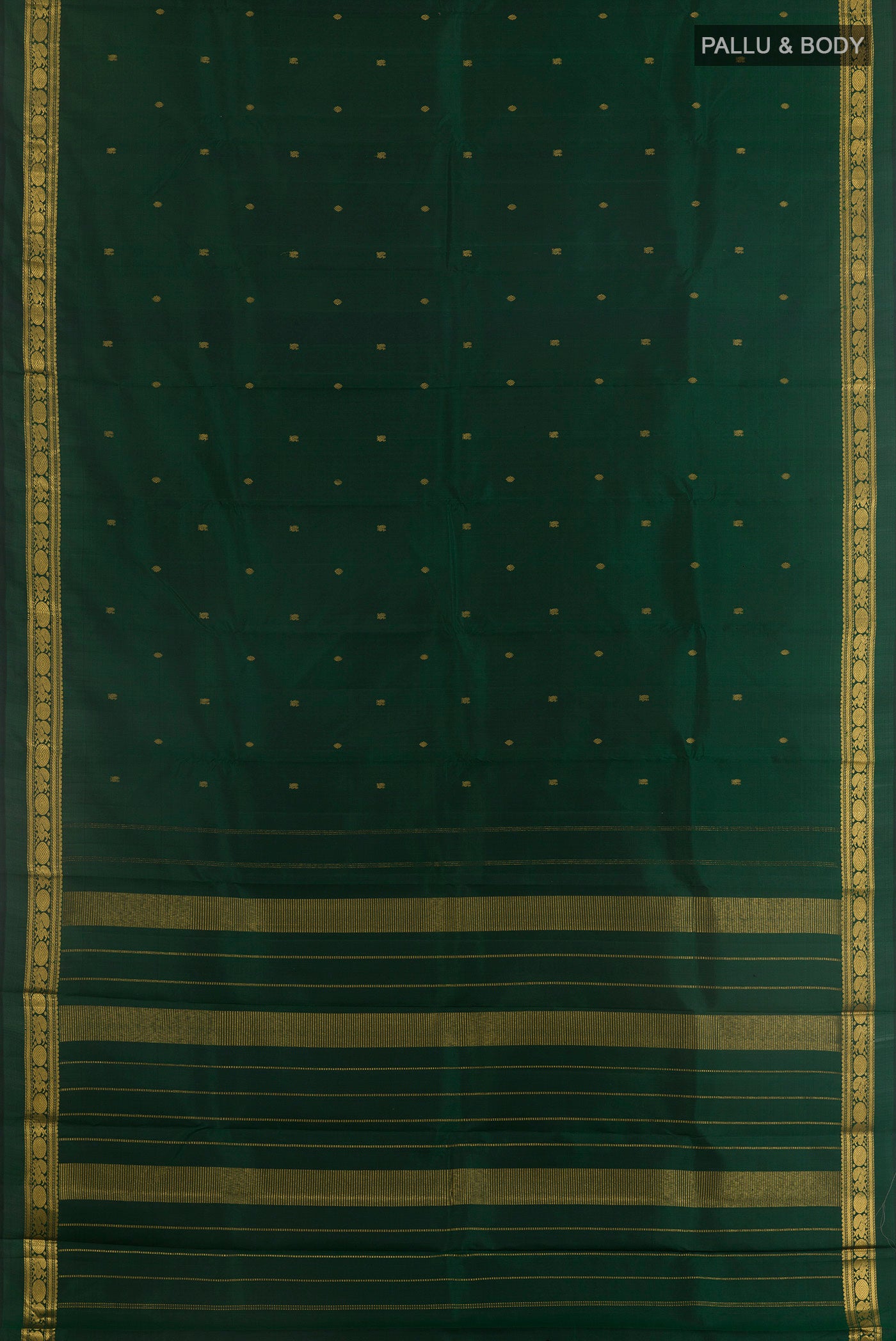 Flat view of Pure Silk Bottle Green Kanchipuram Saree with Zari Butta on the body and Zari Border. 